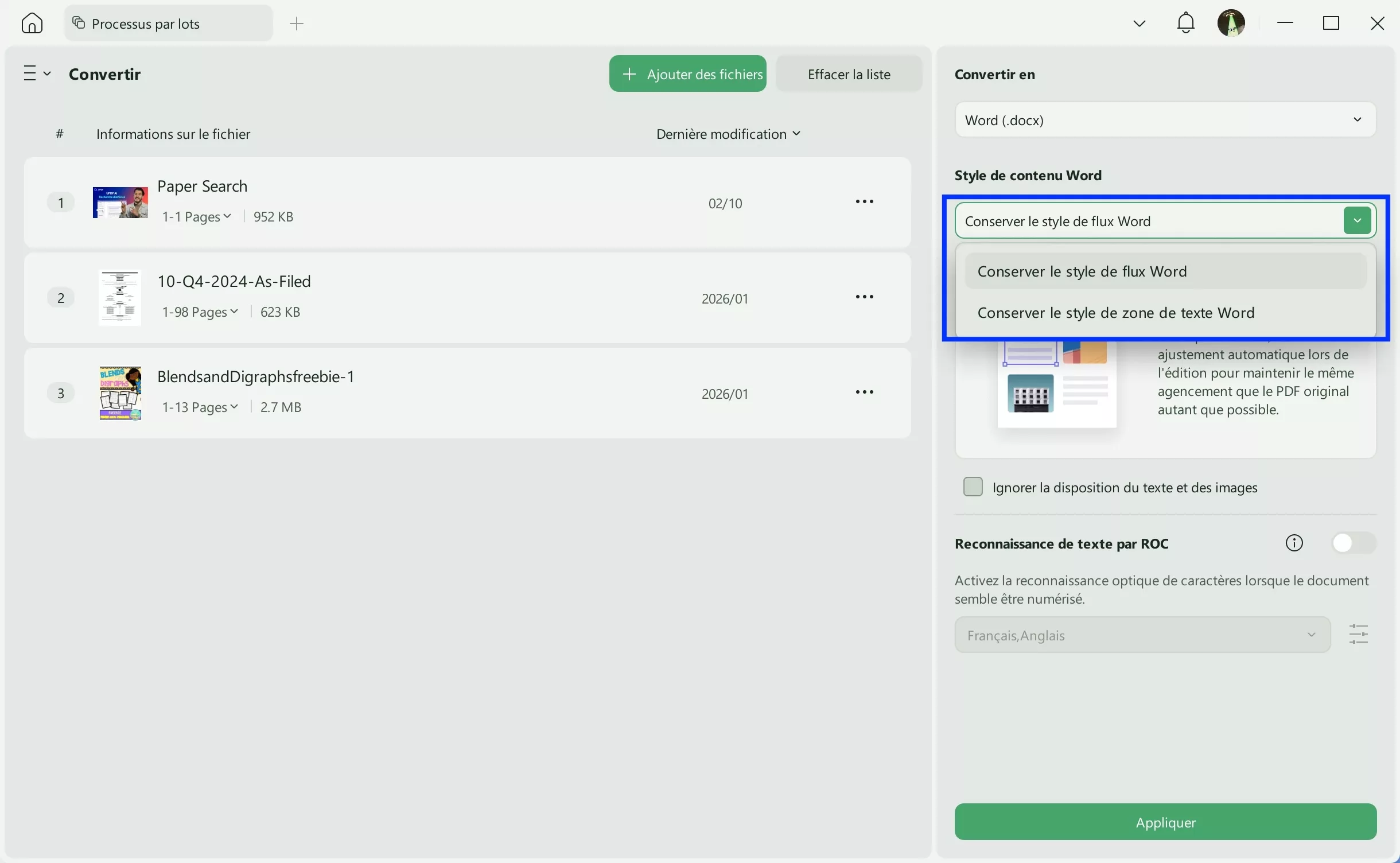 Fusion par lots de PDF vers Word