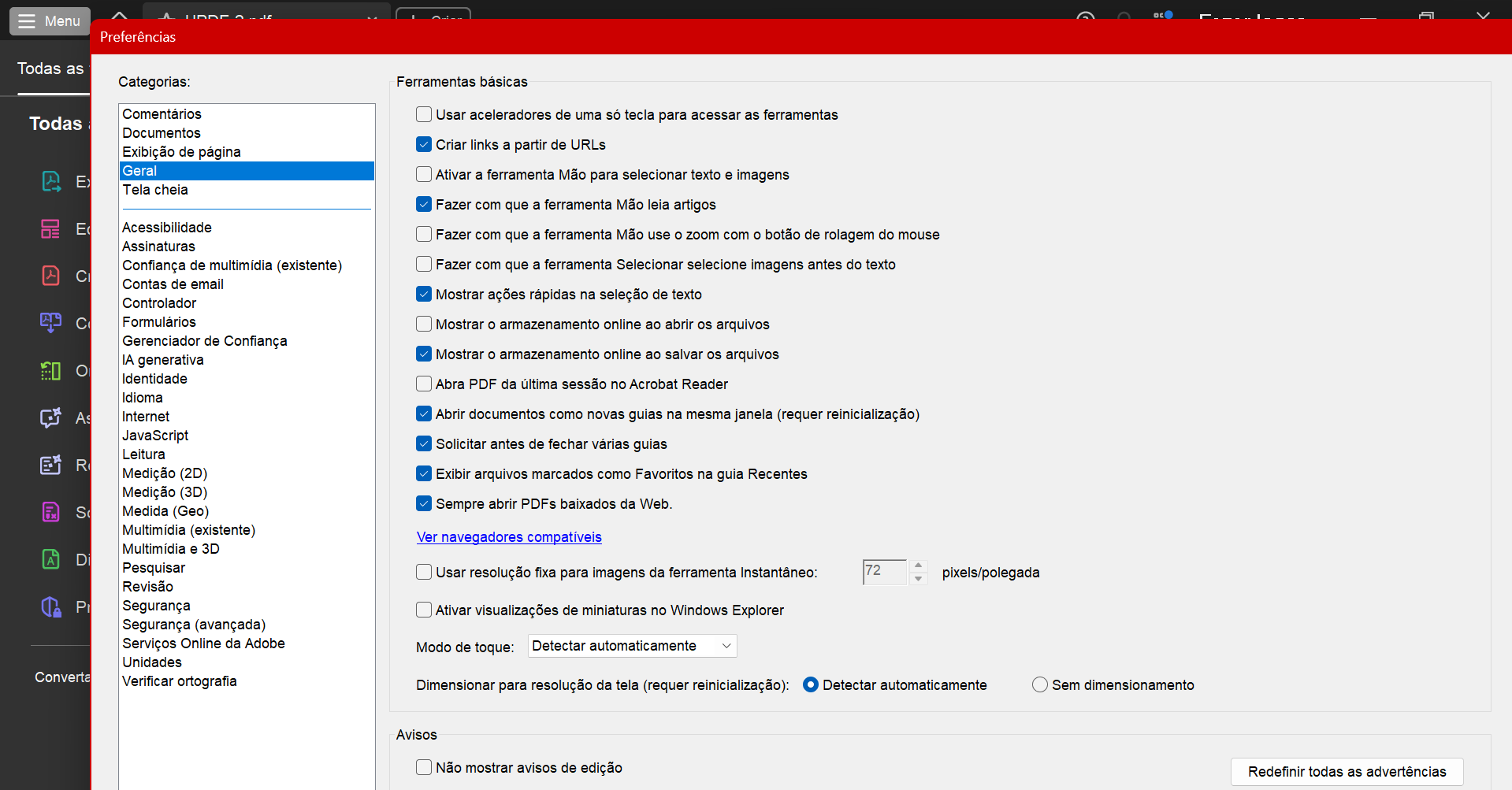desmarcar as opções de armazenamento online no Adobe Acrobat