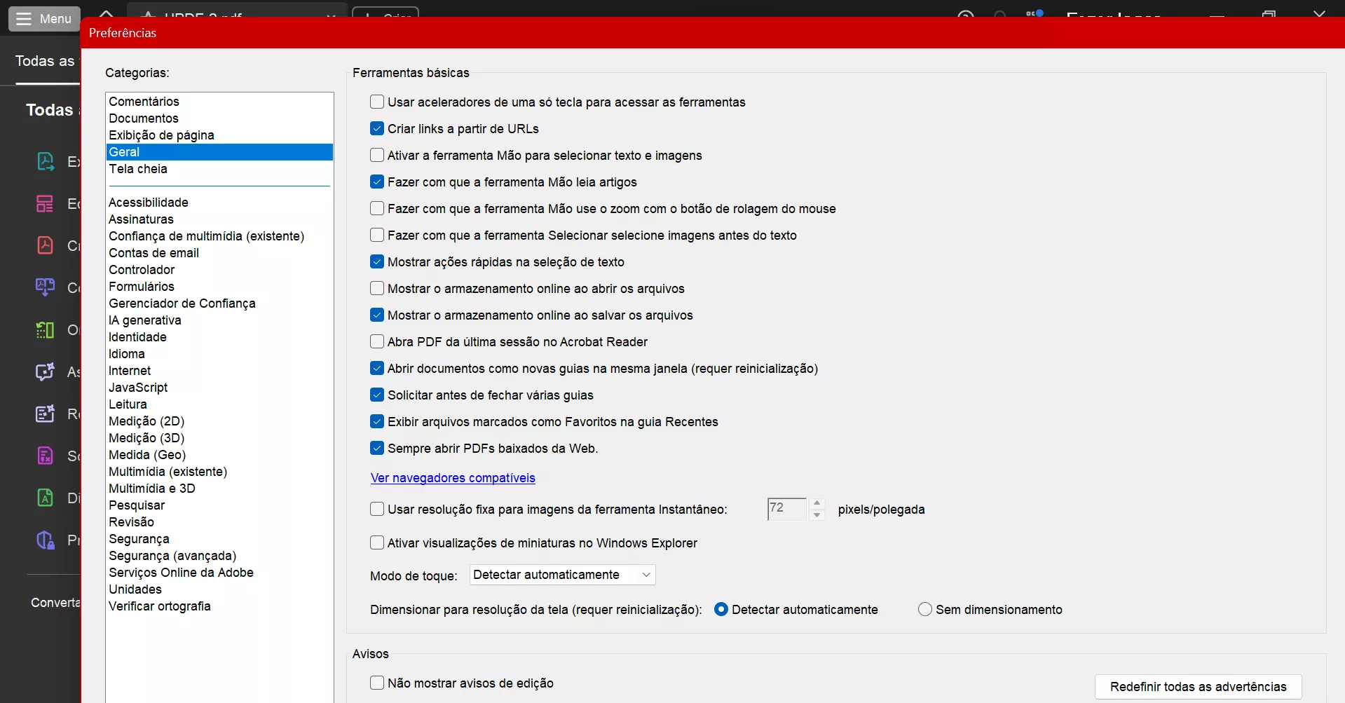 desmarcar as opções de armazenamento online no Adobe Acrobat