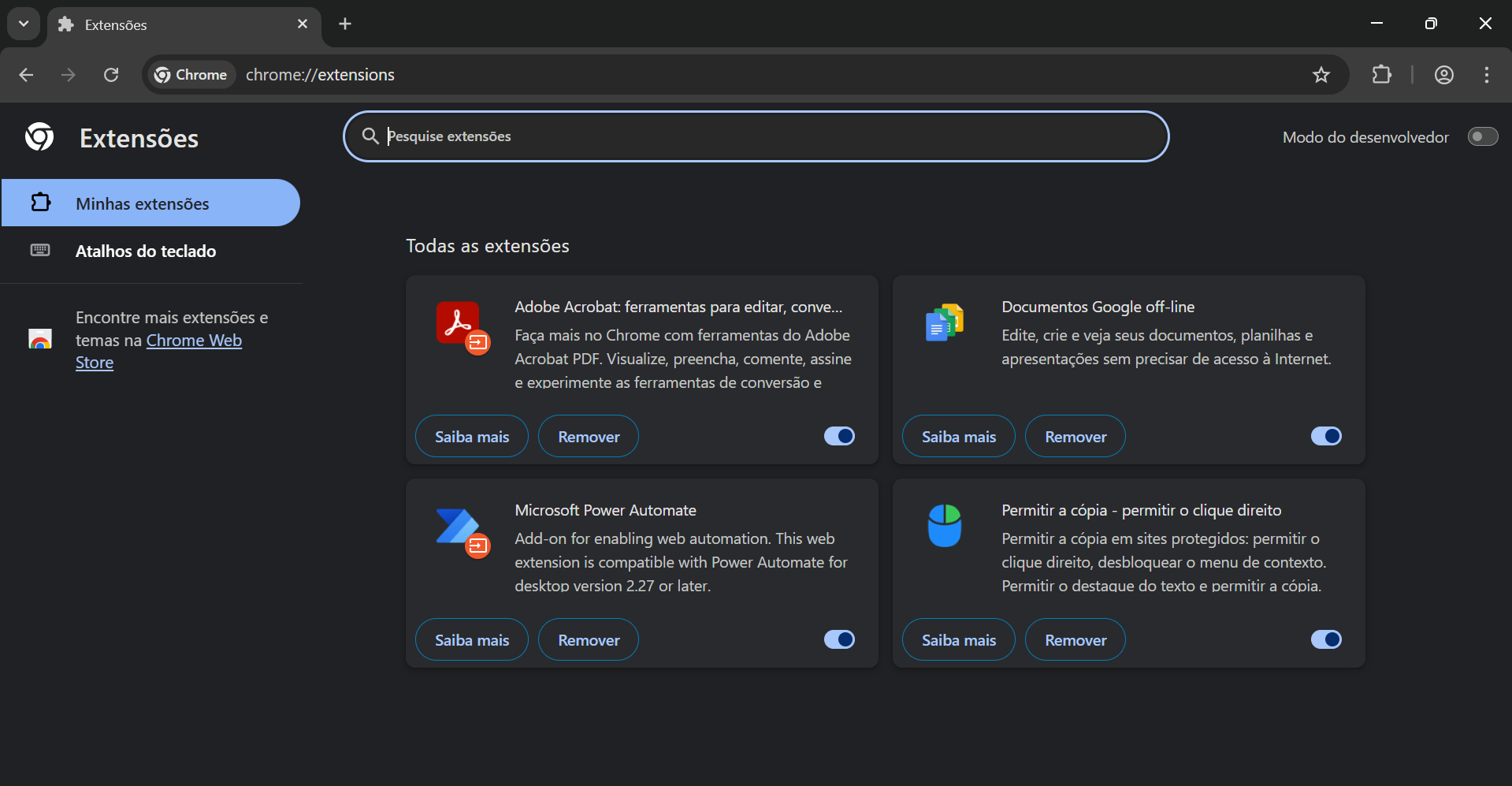 Desative todas as extensões no Chrome