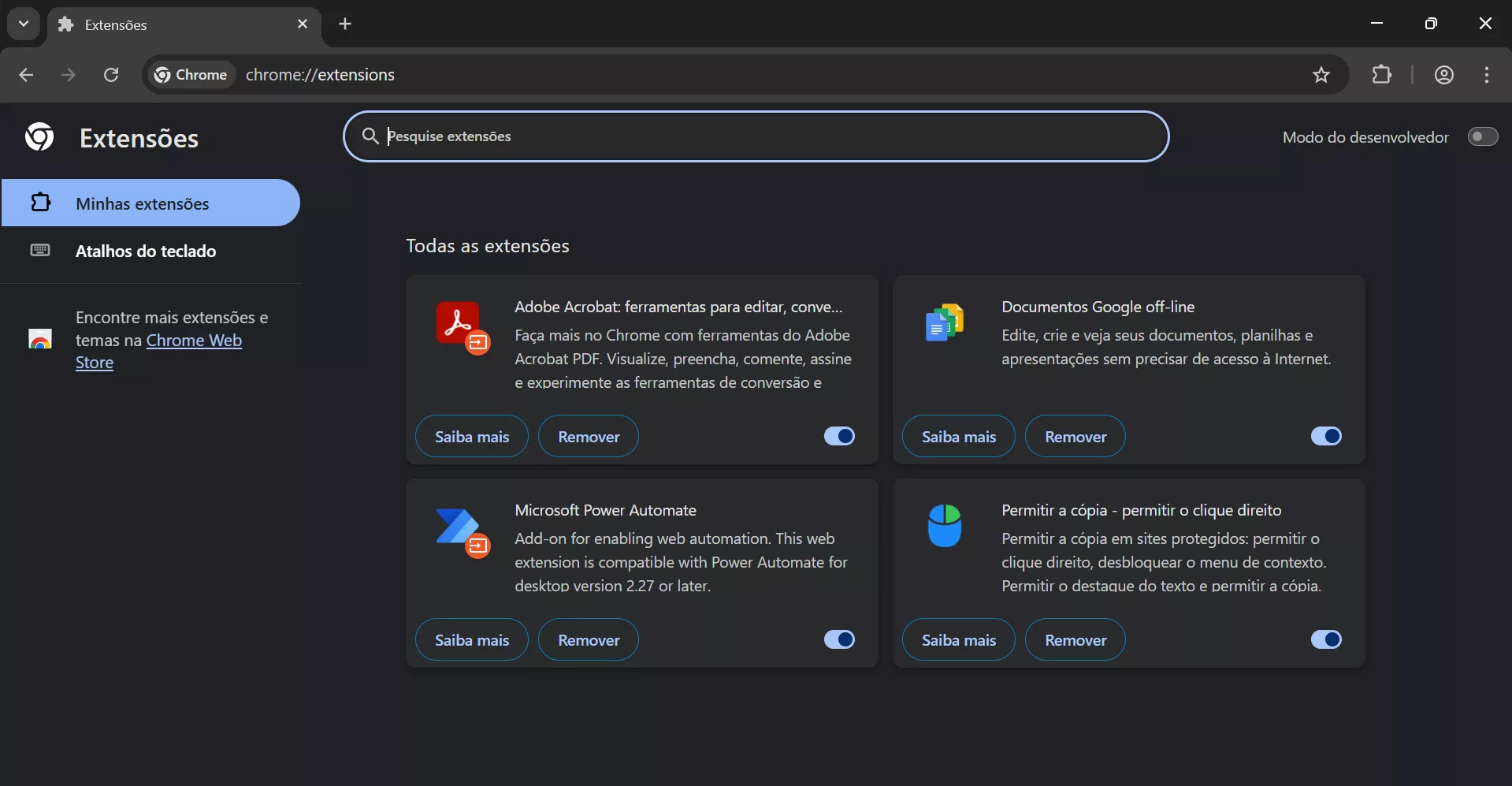 Desative todas as extensões no Chrome