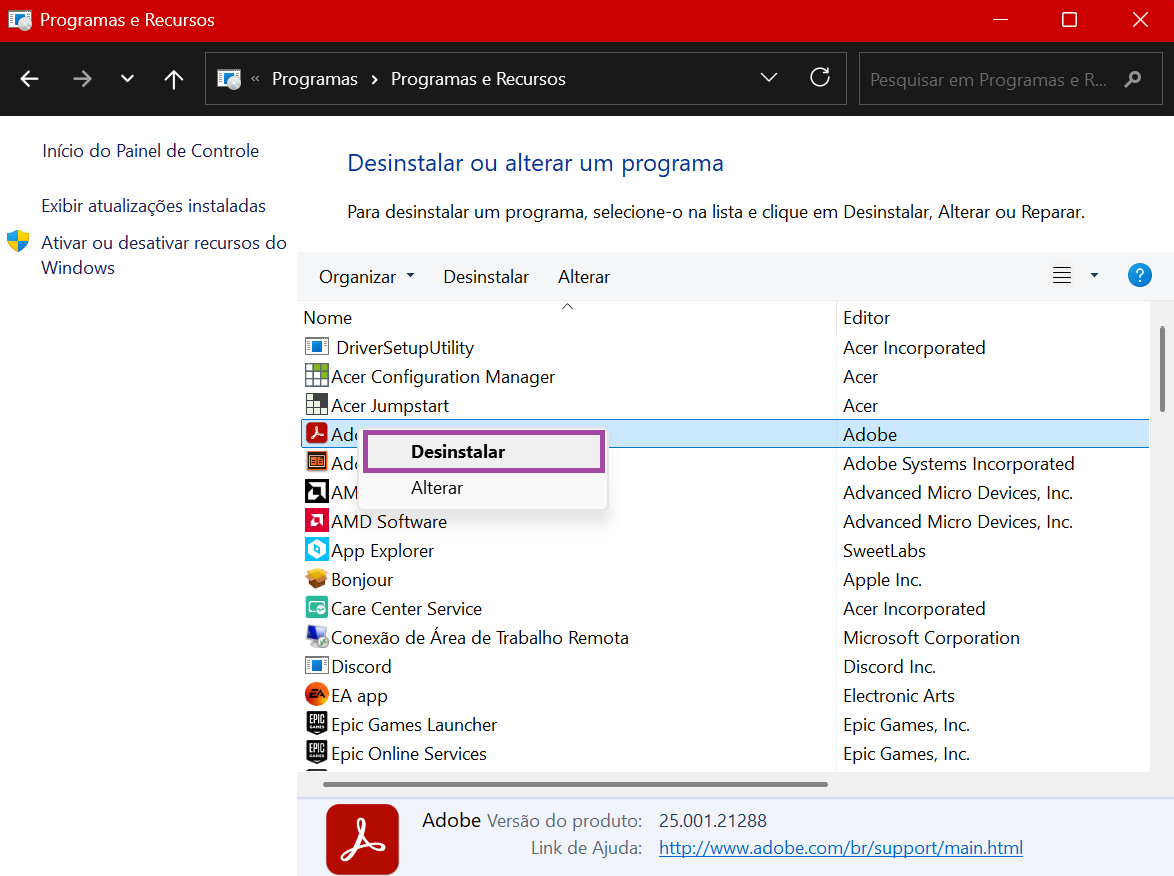 Desinstalar o Adobe Acrobat