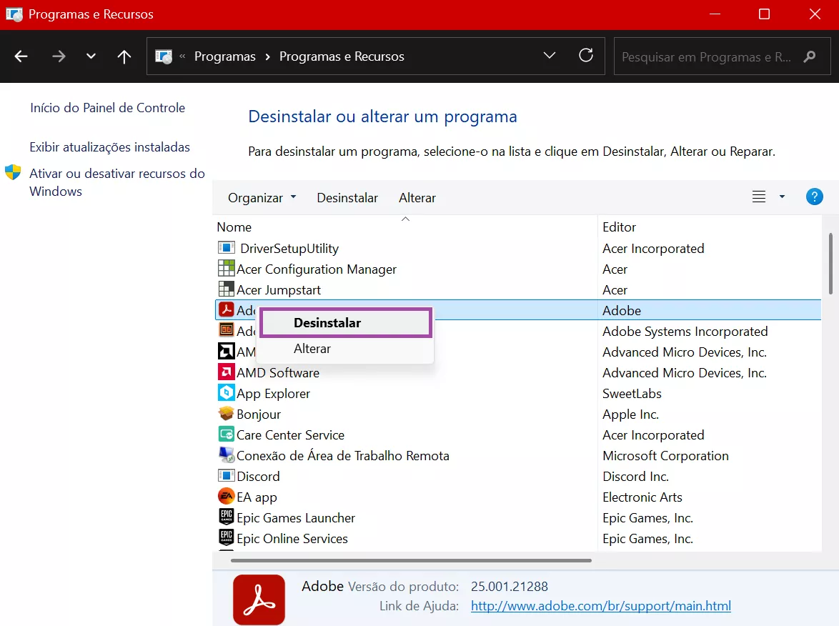 Desinstalar o Adobe Acrobat