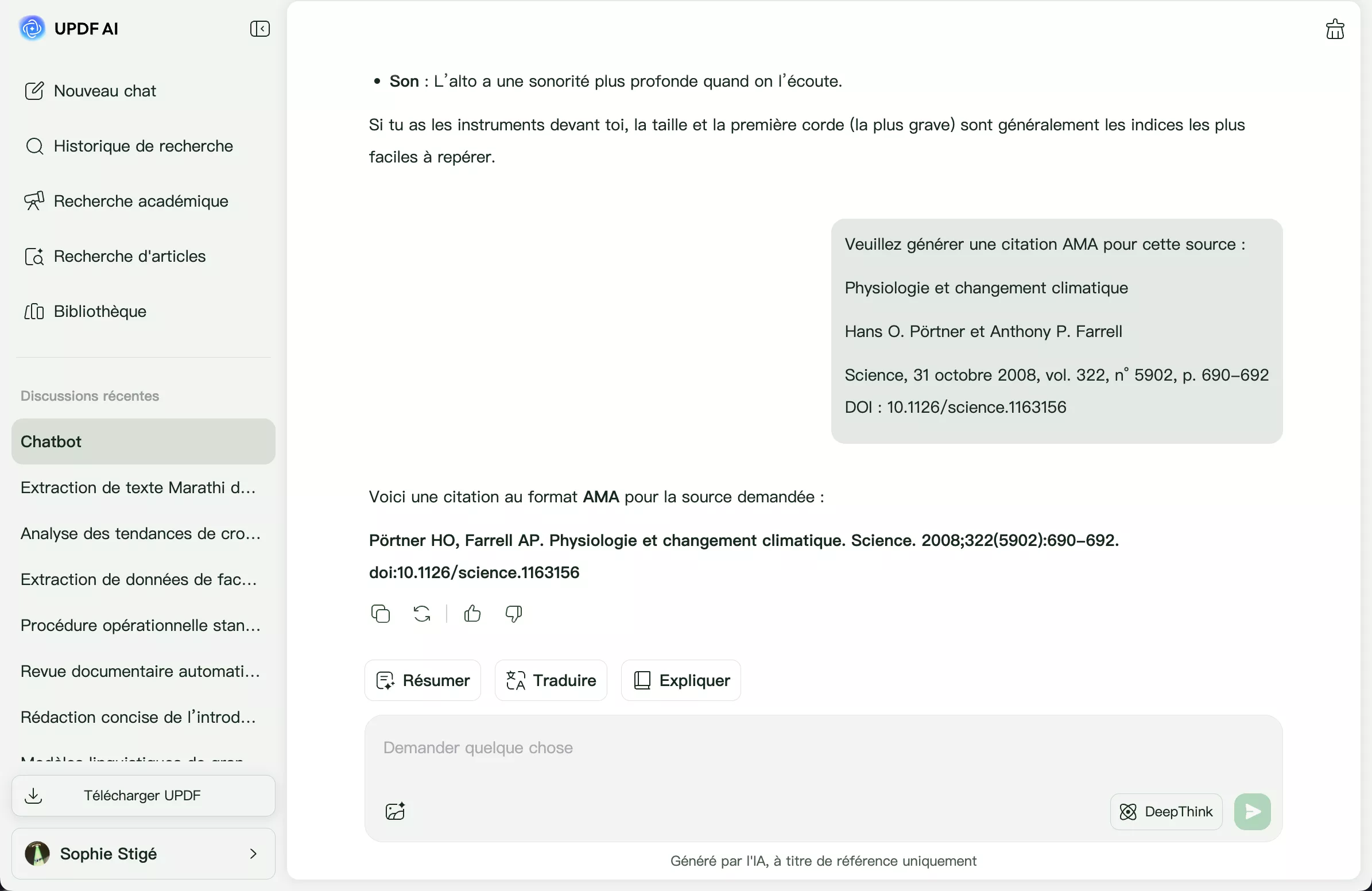 Copier la citation générée pour utilisation
