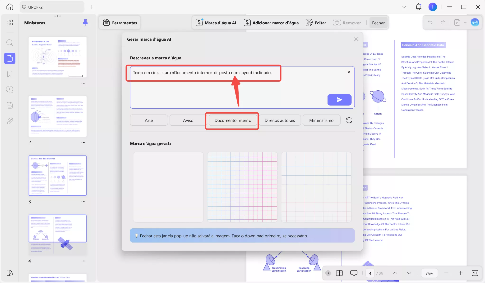 Gerar um prompt de marca d’água com um preset.