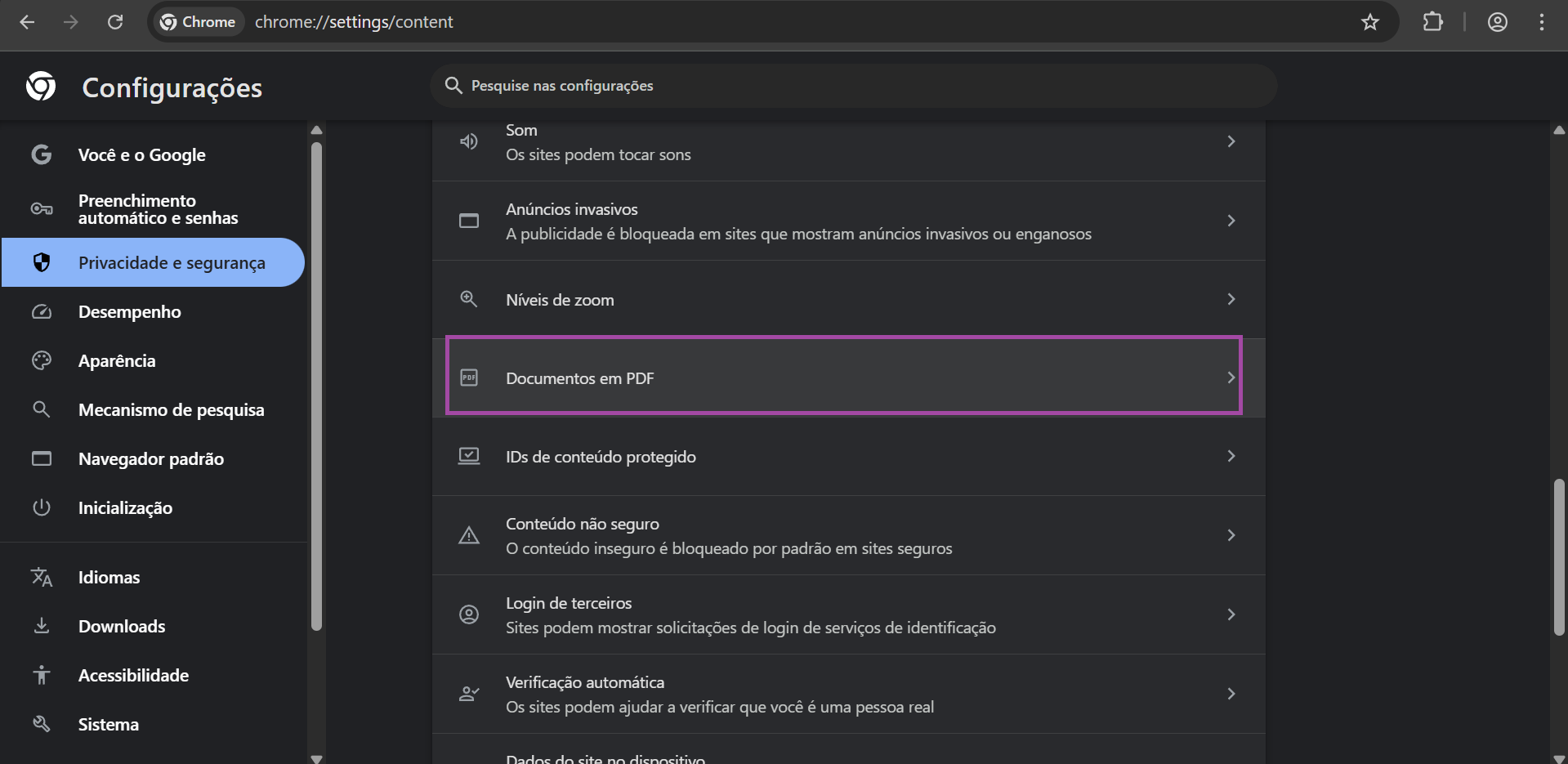 Localizar documentos PDF no Chrome