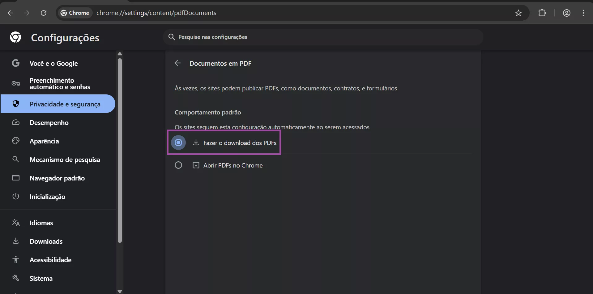 Escolher baixar PDFs no Chrome