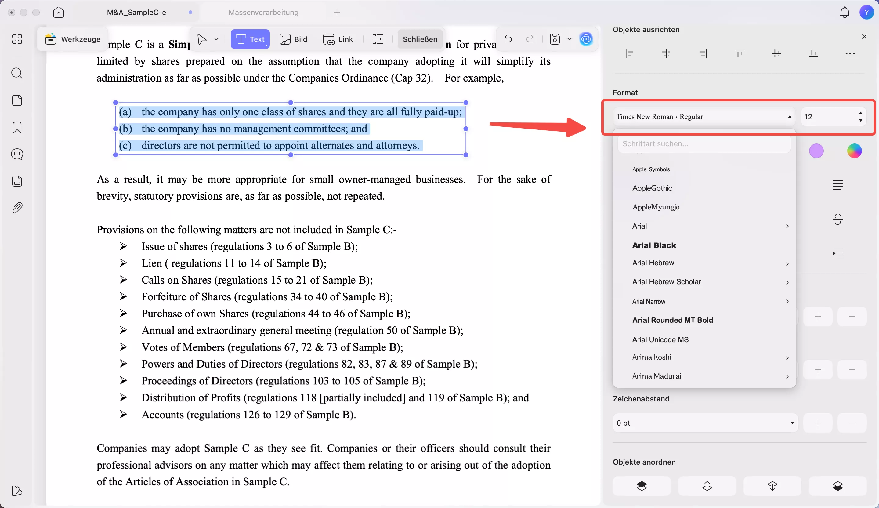 Schriftart und -größe ändern