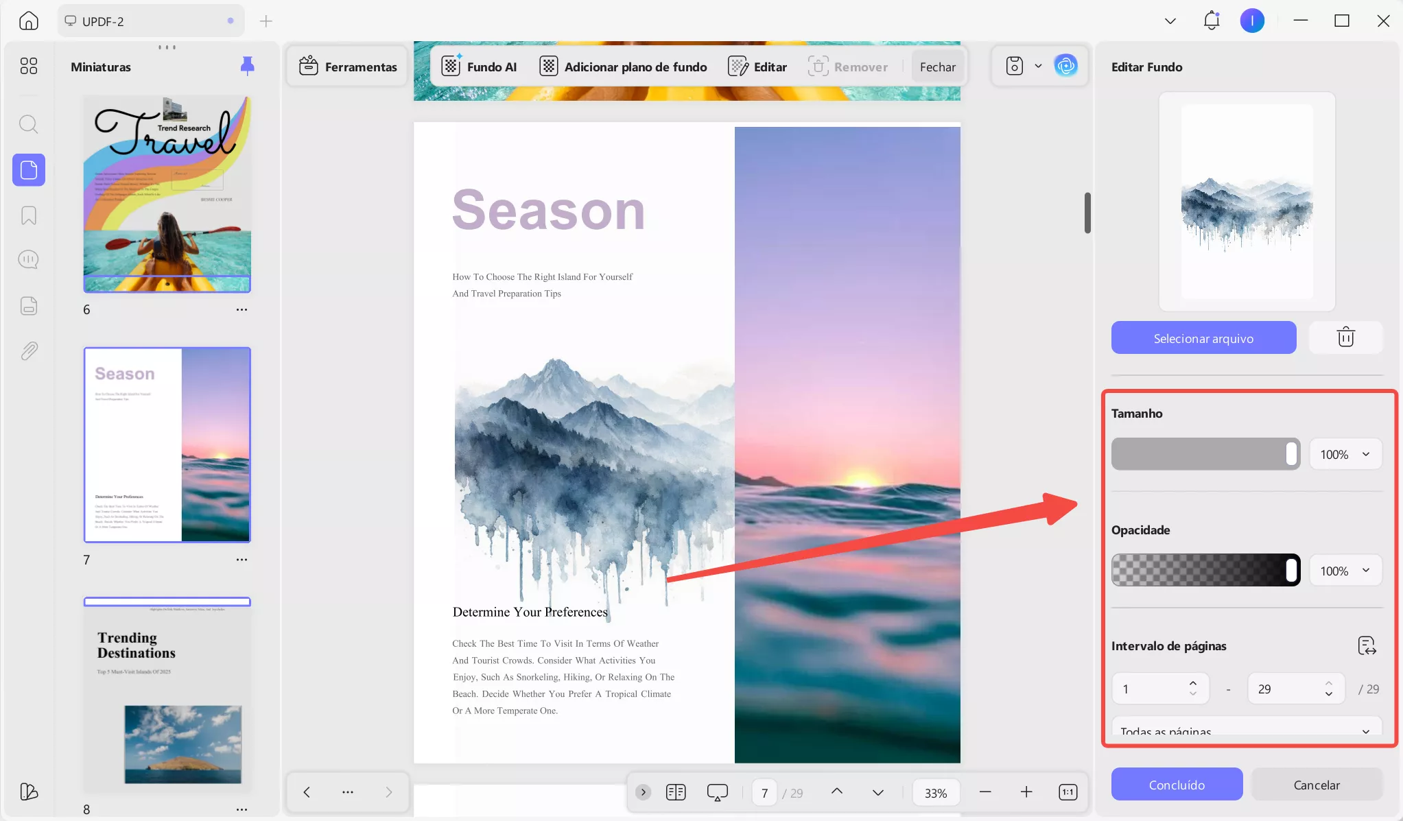 Painel de edição de fundo