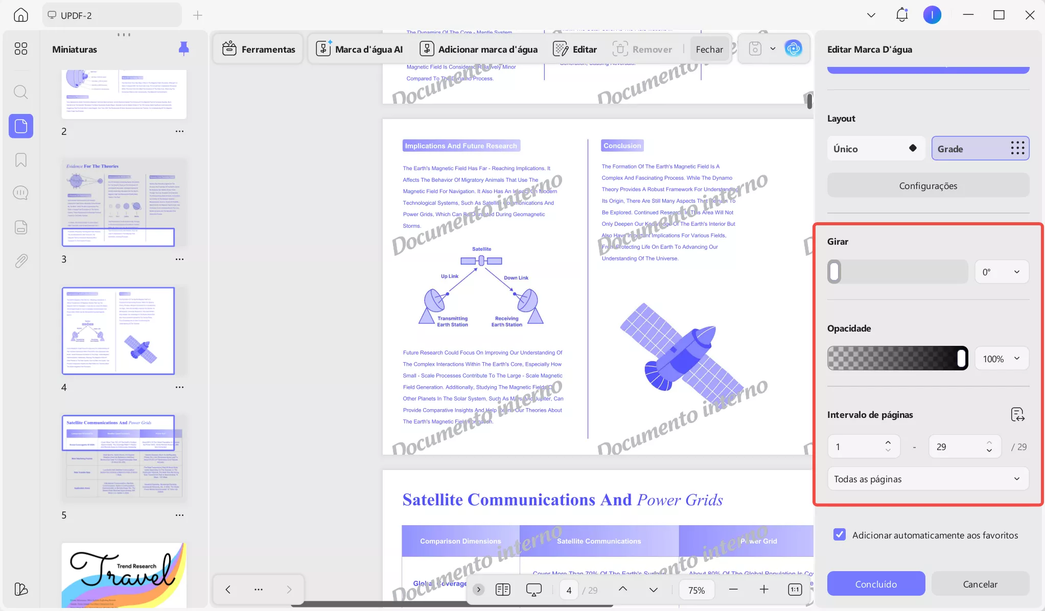 Ajustar rotação, opacidade e intervalo de páginas