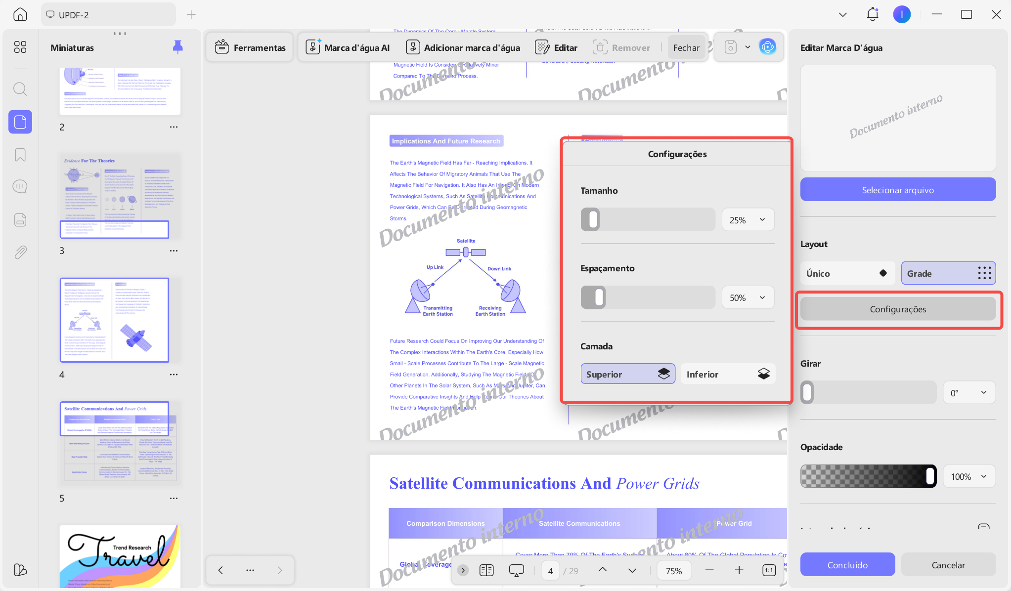 Configurações de layout da marca d’água