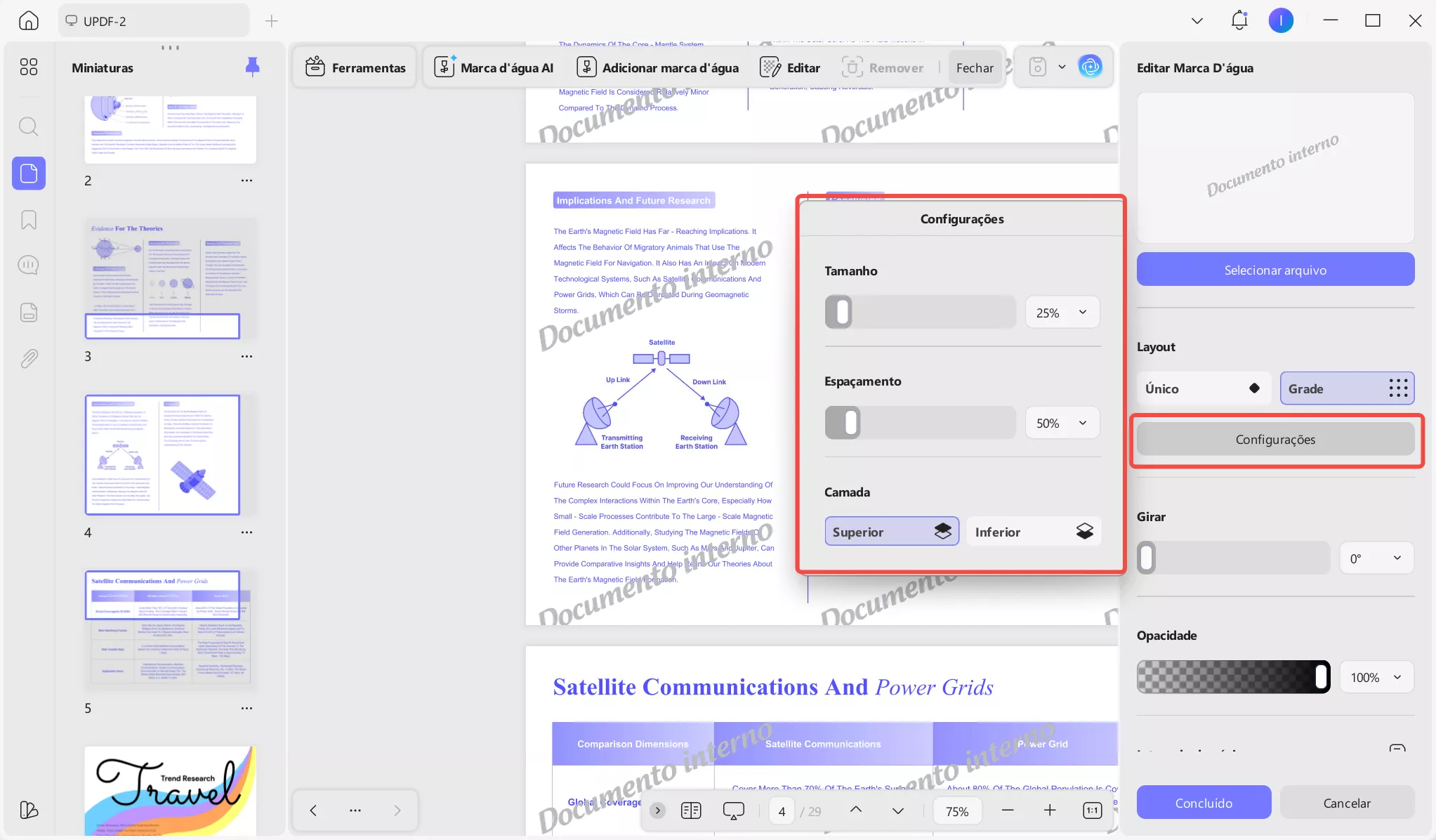 Configurações de layout da marca d’água