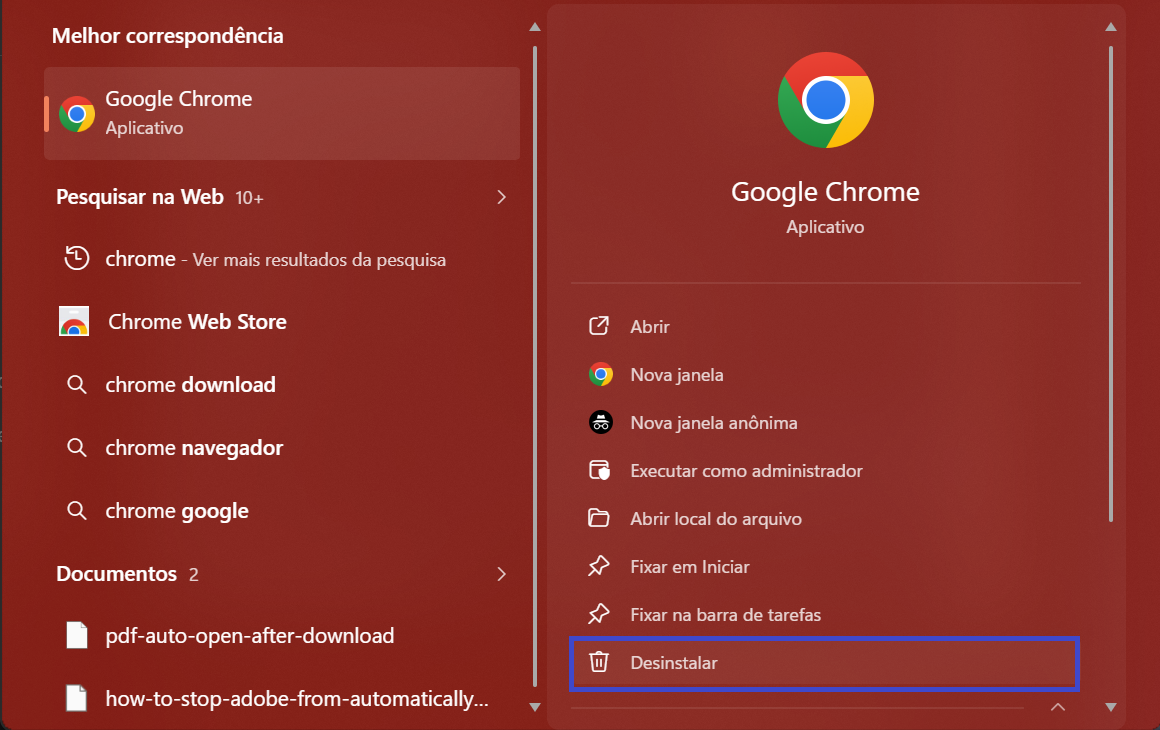 Encontre o Chrome e clique em “Desinstalar