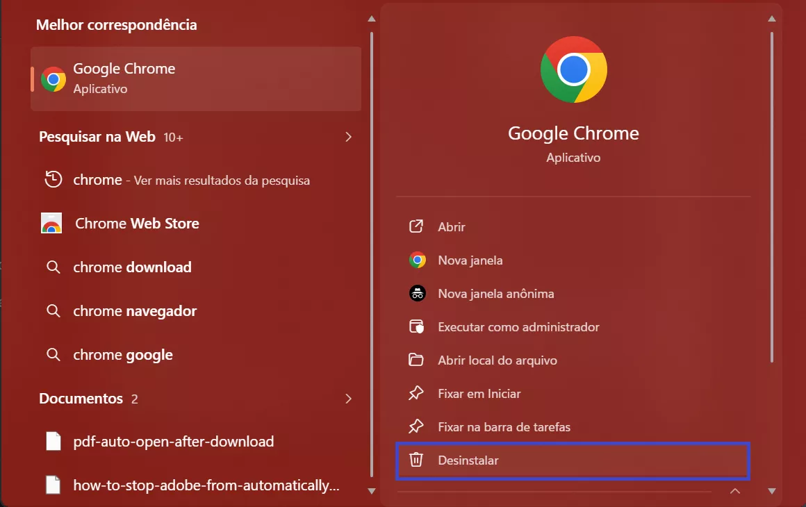 Encontre o Chrome e clique em “Desinstalar