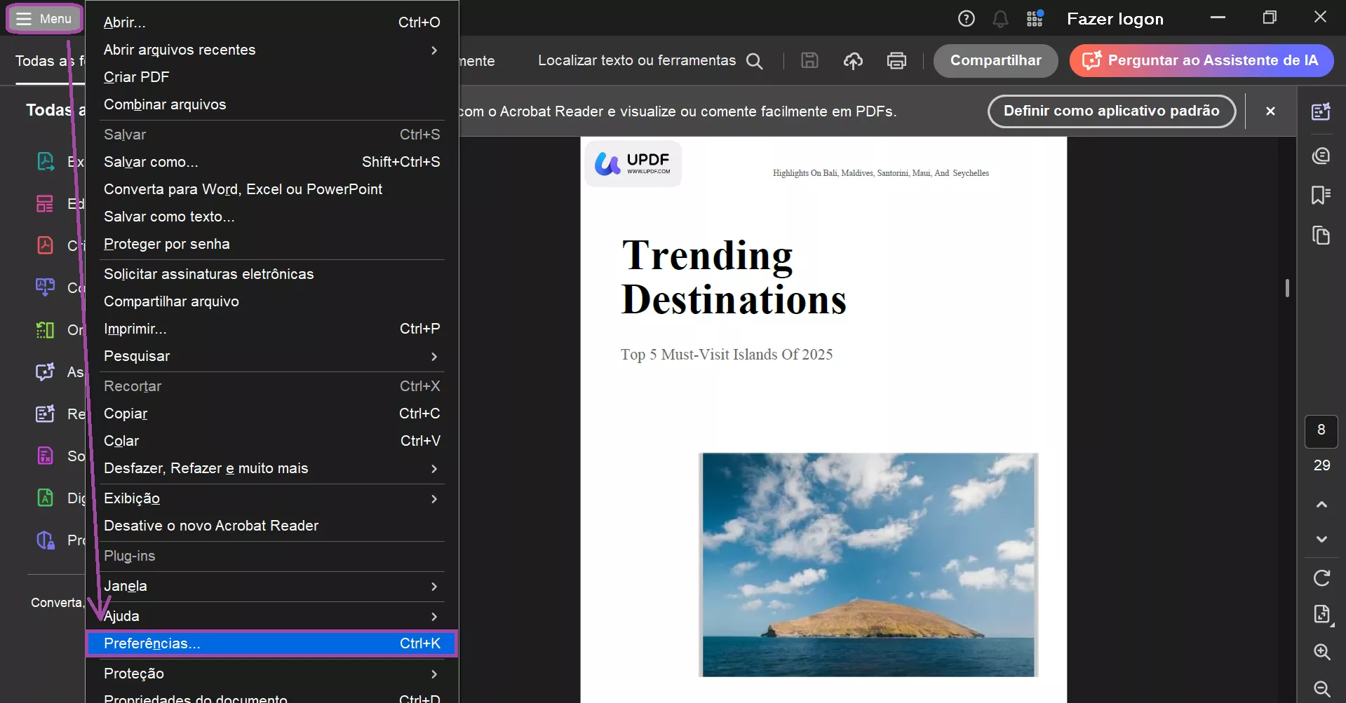 Entrar na janela de preferências do Acrobat
