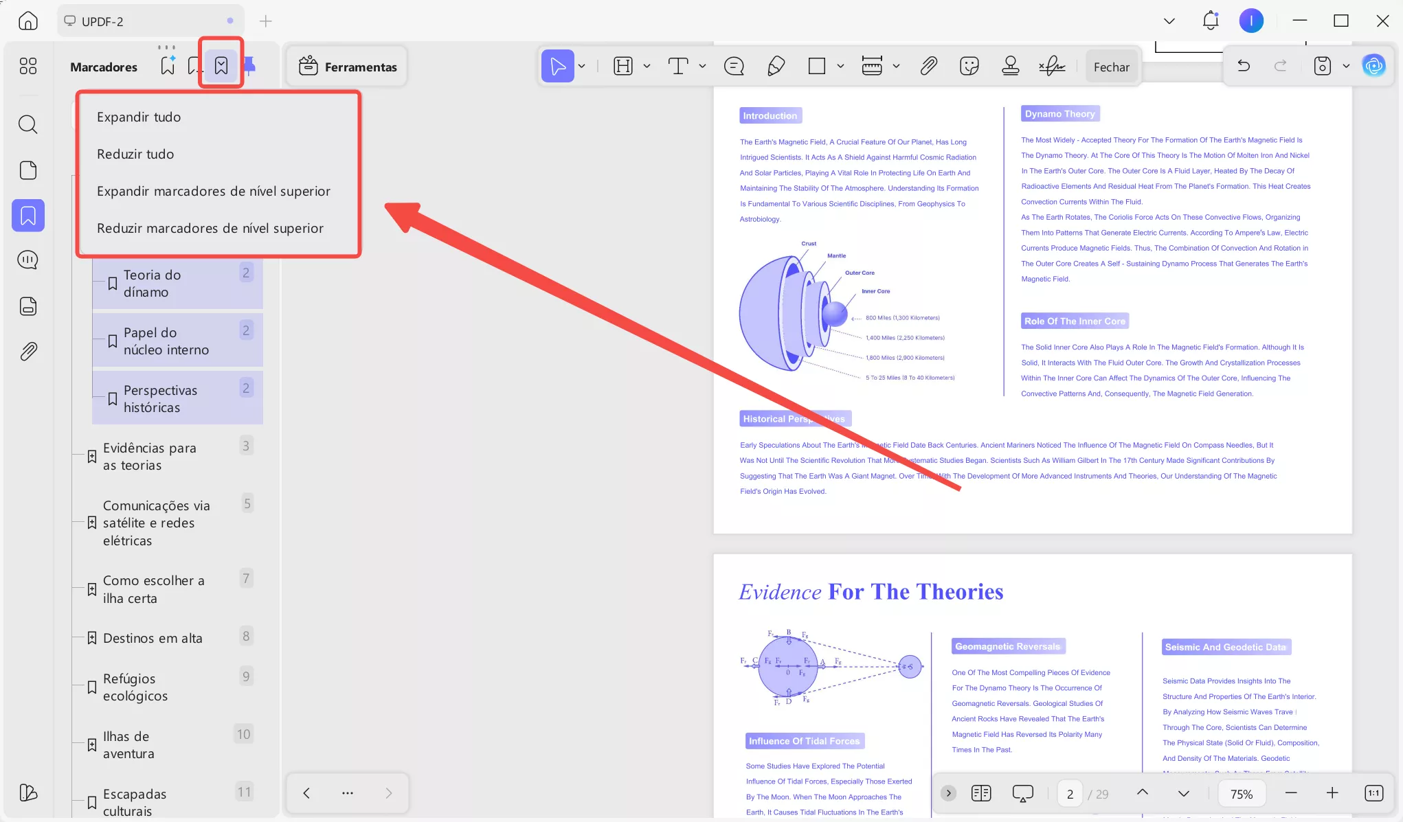 Opções para gerenciar a exibição dos marcadores
