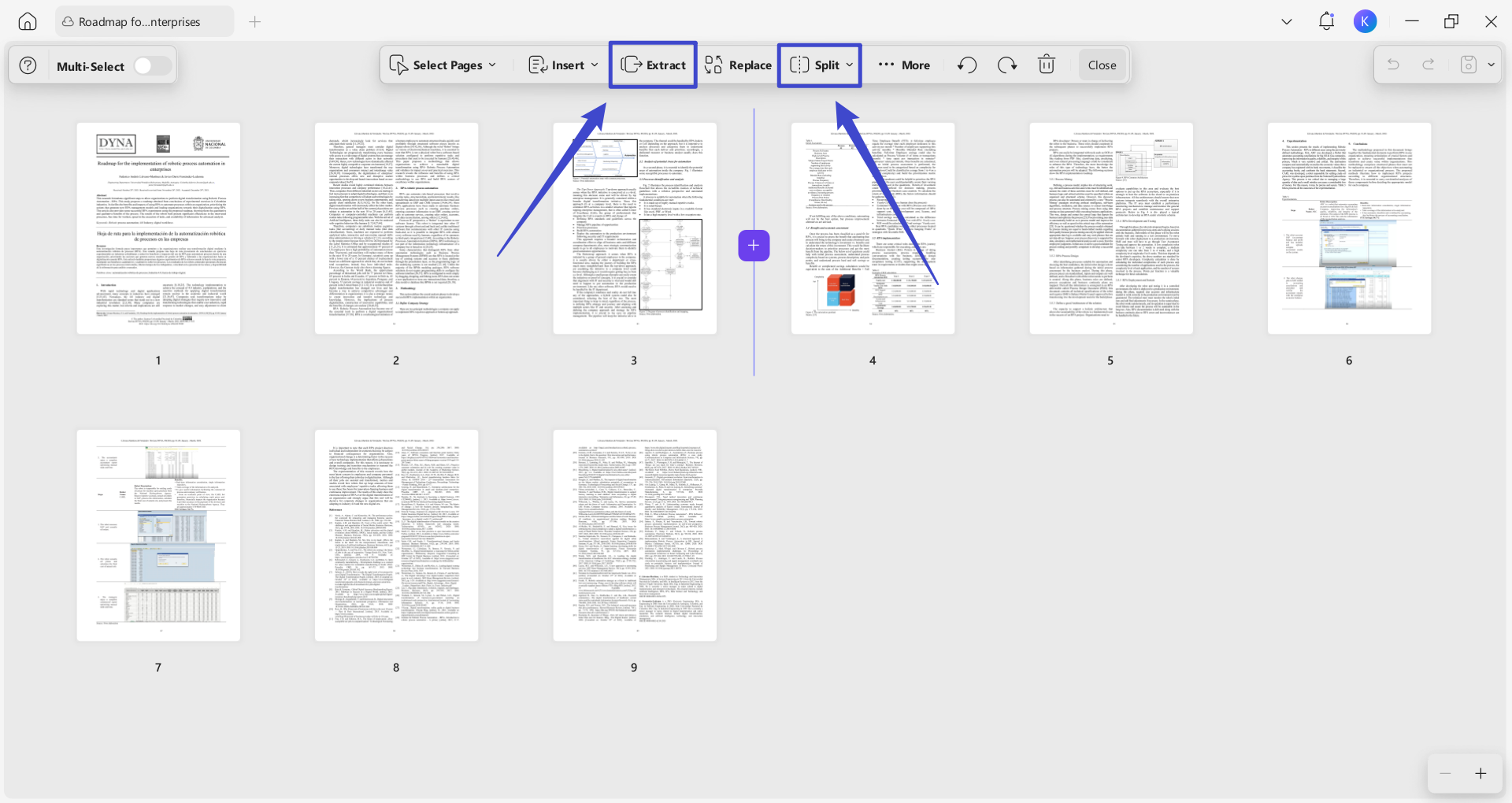 extract or split selected pages before go to koncile