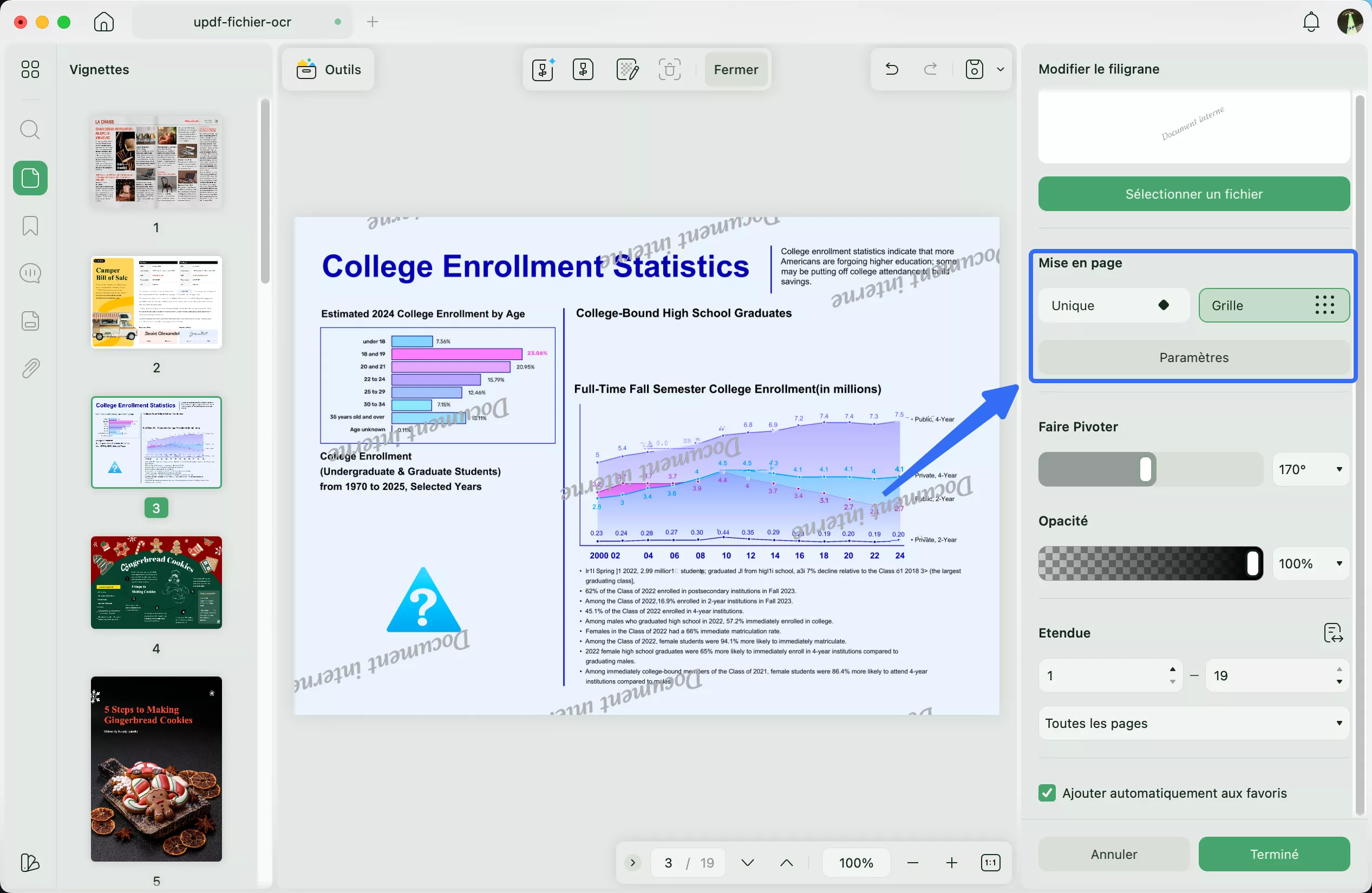 options de mise en page des filigranes