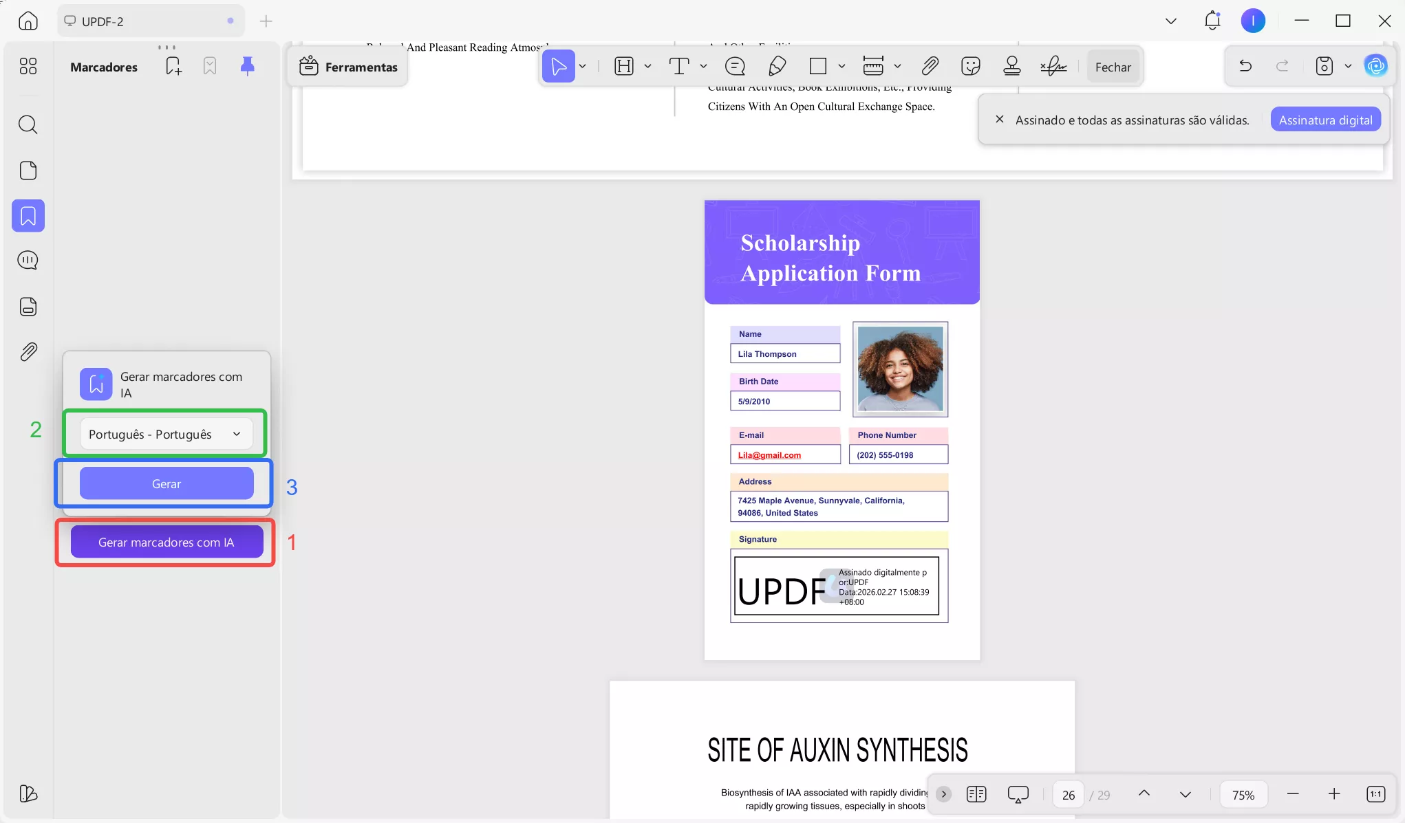 Escolha o idioma dos marcadores e clique em “Gerar”.