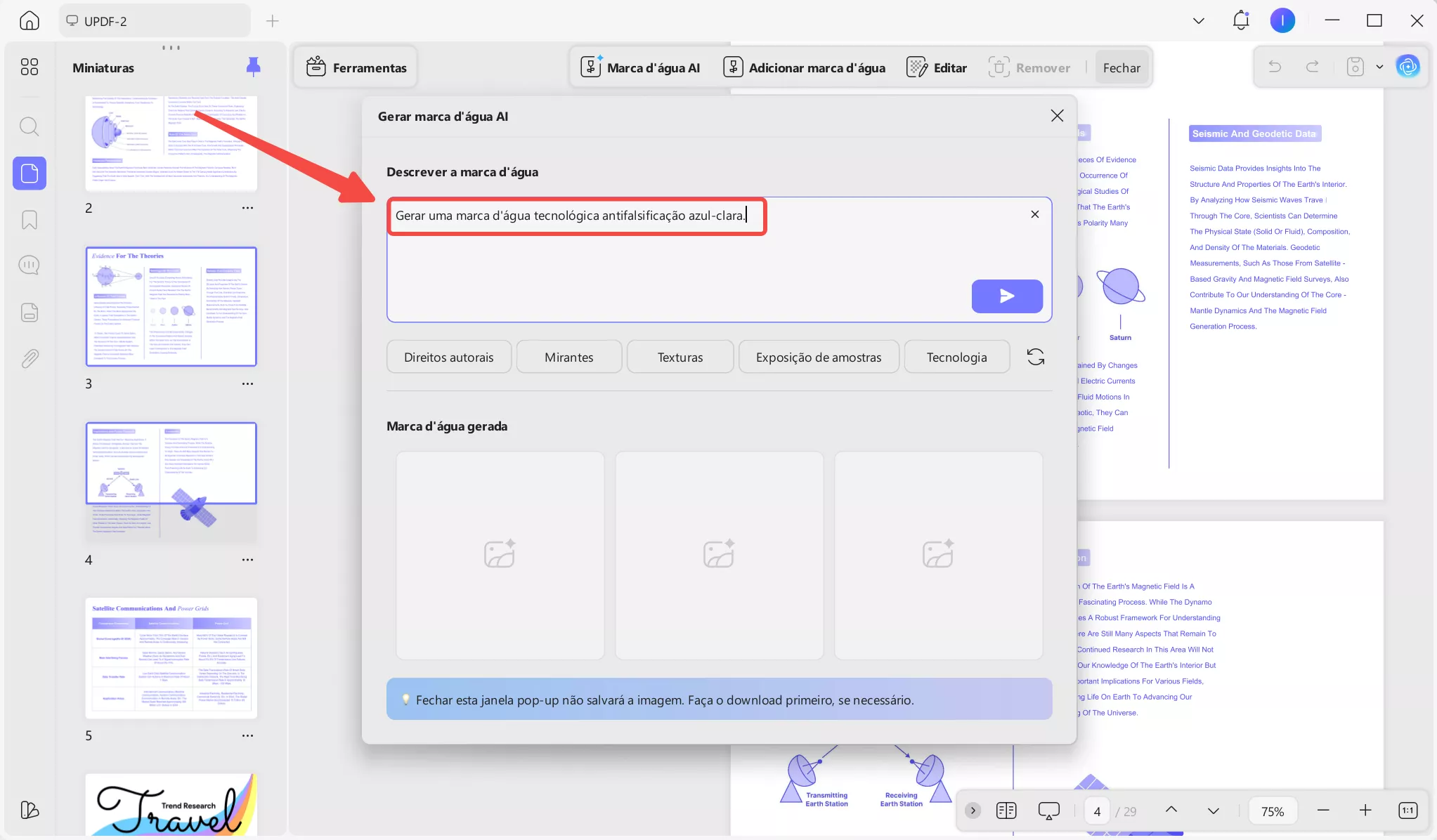 Descreva a marca d'água com um prompt.