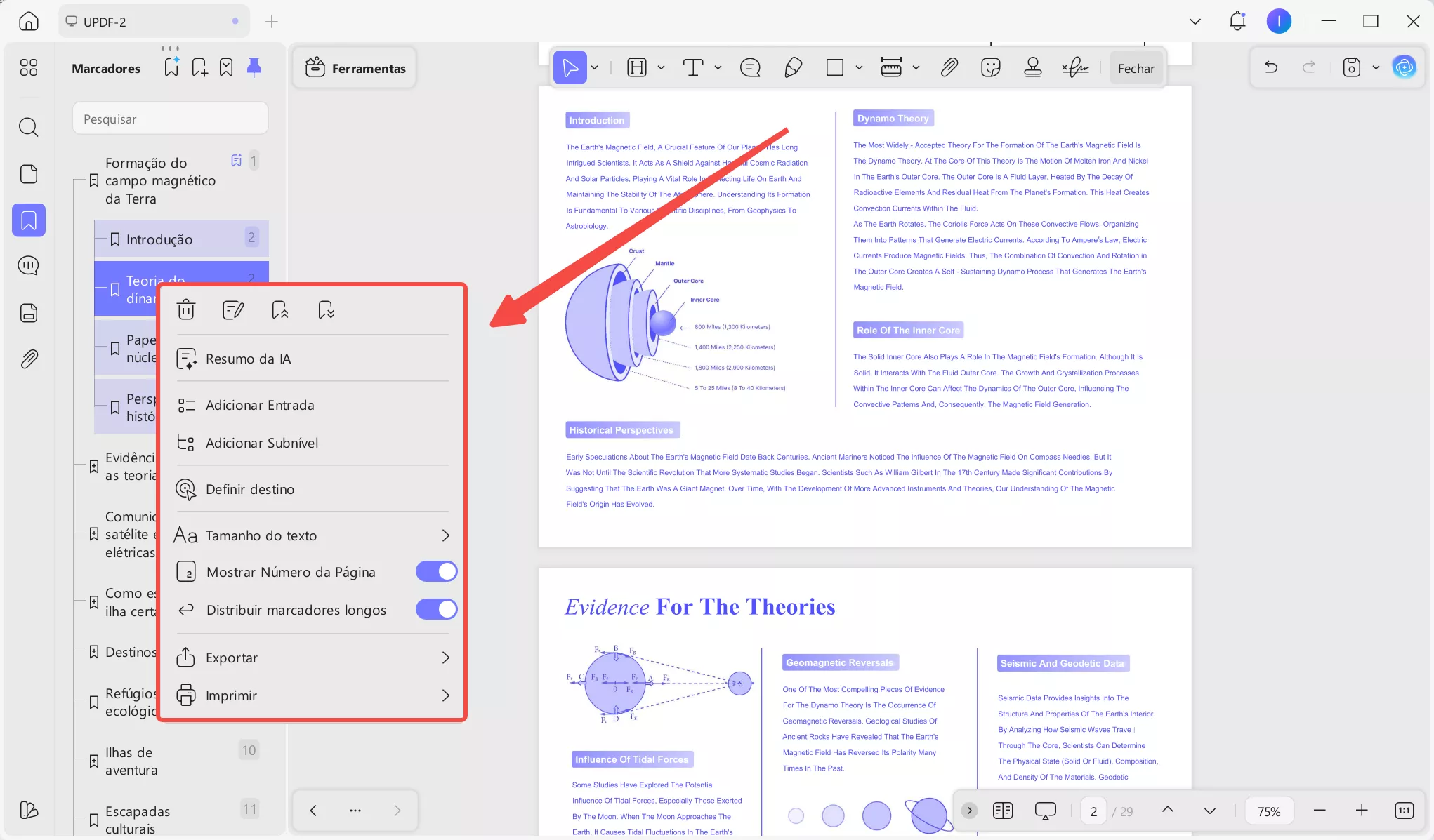 Menu de clique com o botão direito dos marcadores