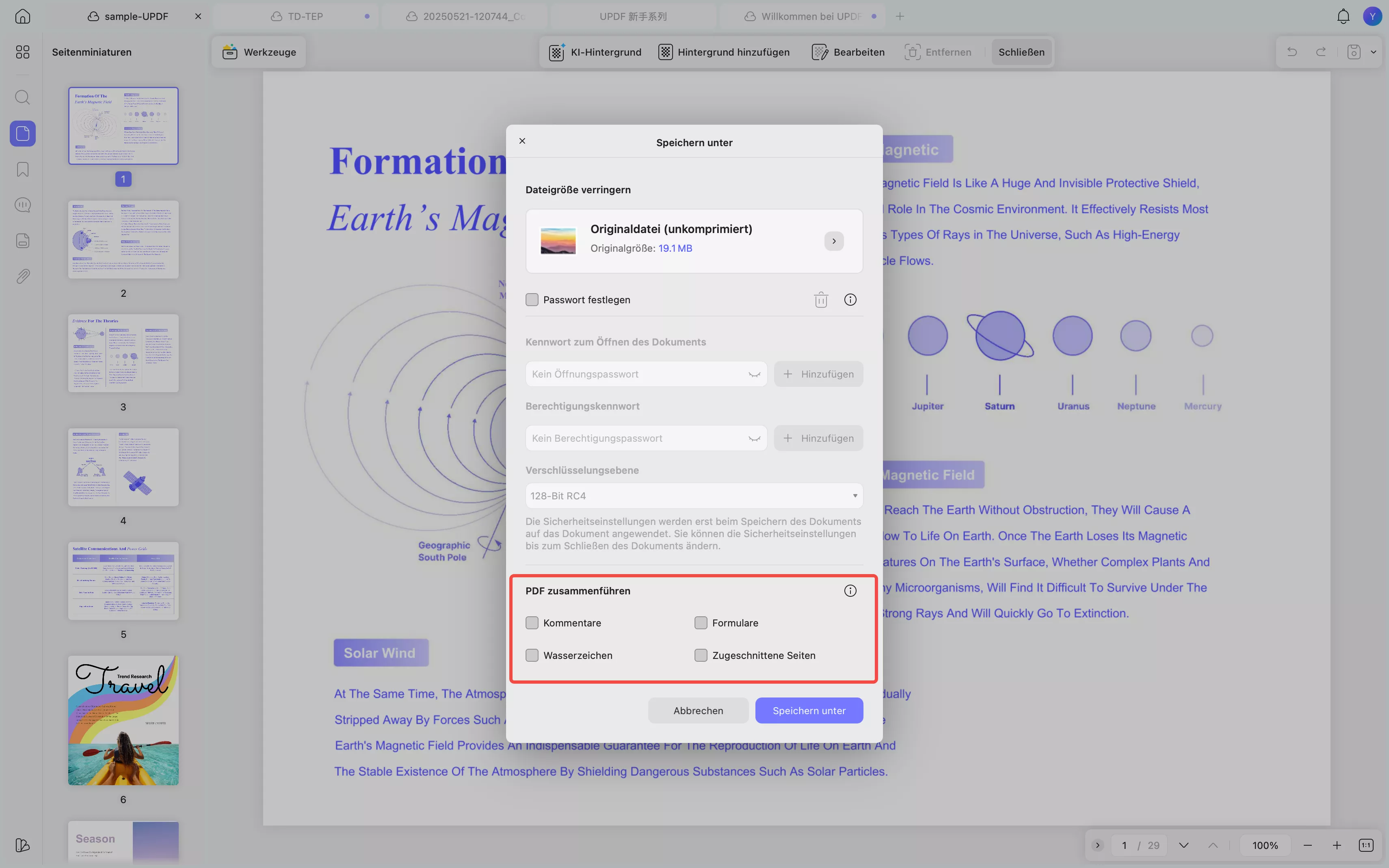 PDF-Optionen anpassen, auf „Speichern unter“ klicken