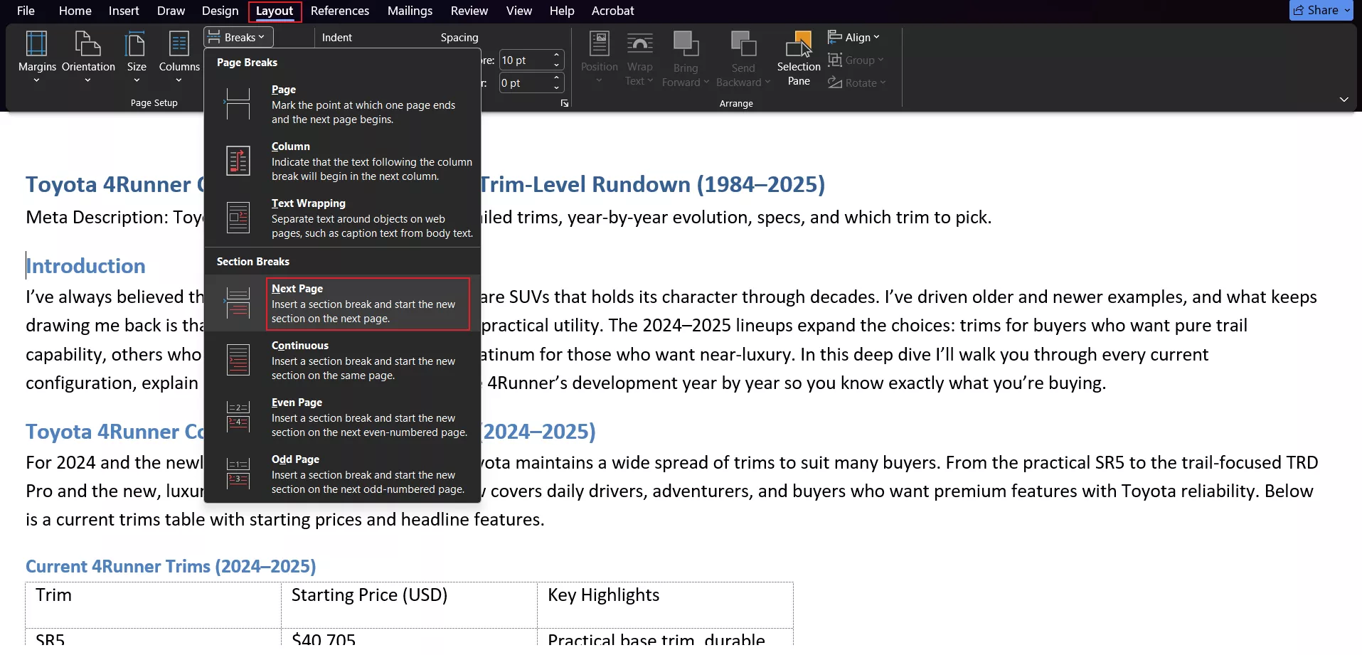 word-insert-section-break