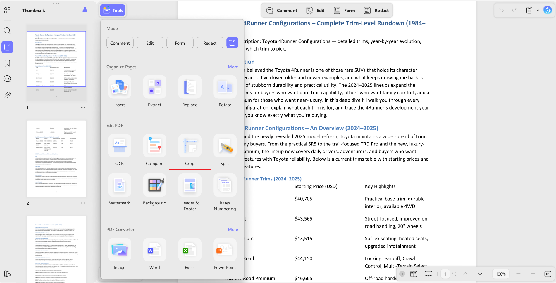 Intuitive Header and Footer Tools