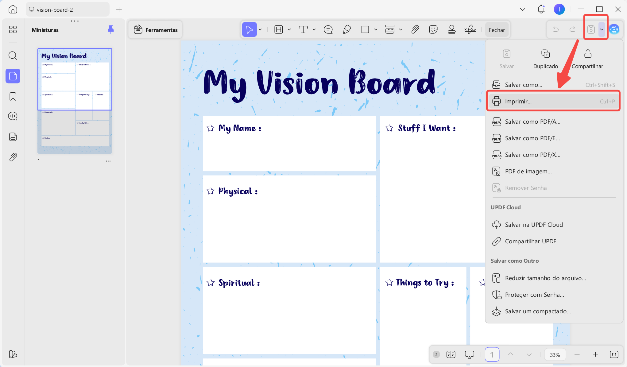 Imprimir modelo de vision board