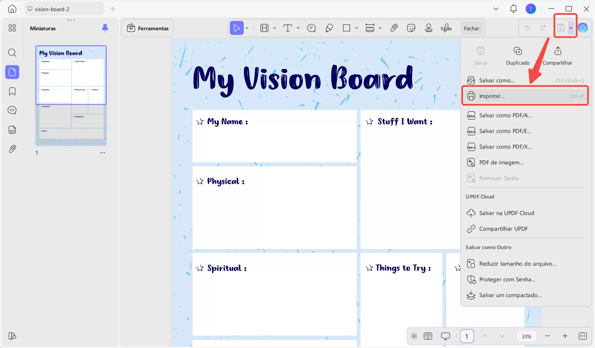 Imprimir modelo de vision board
