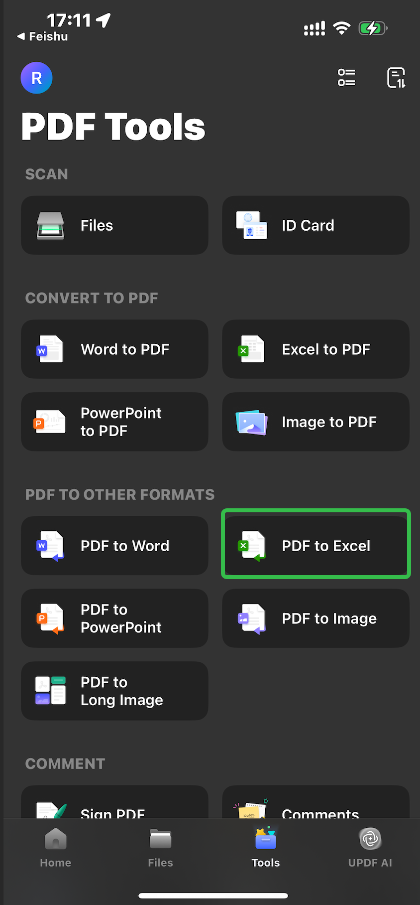 اختر PDF إلى Excel updf