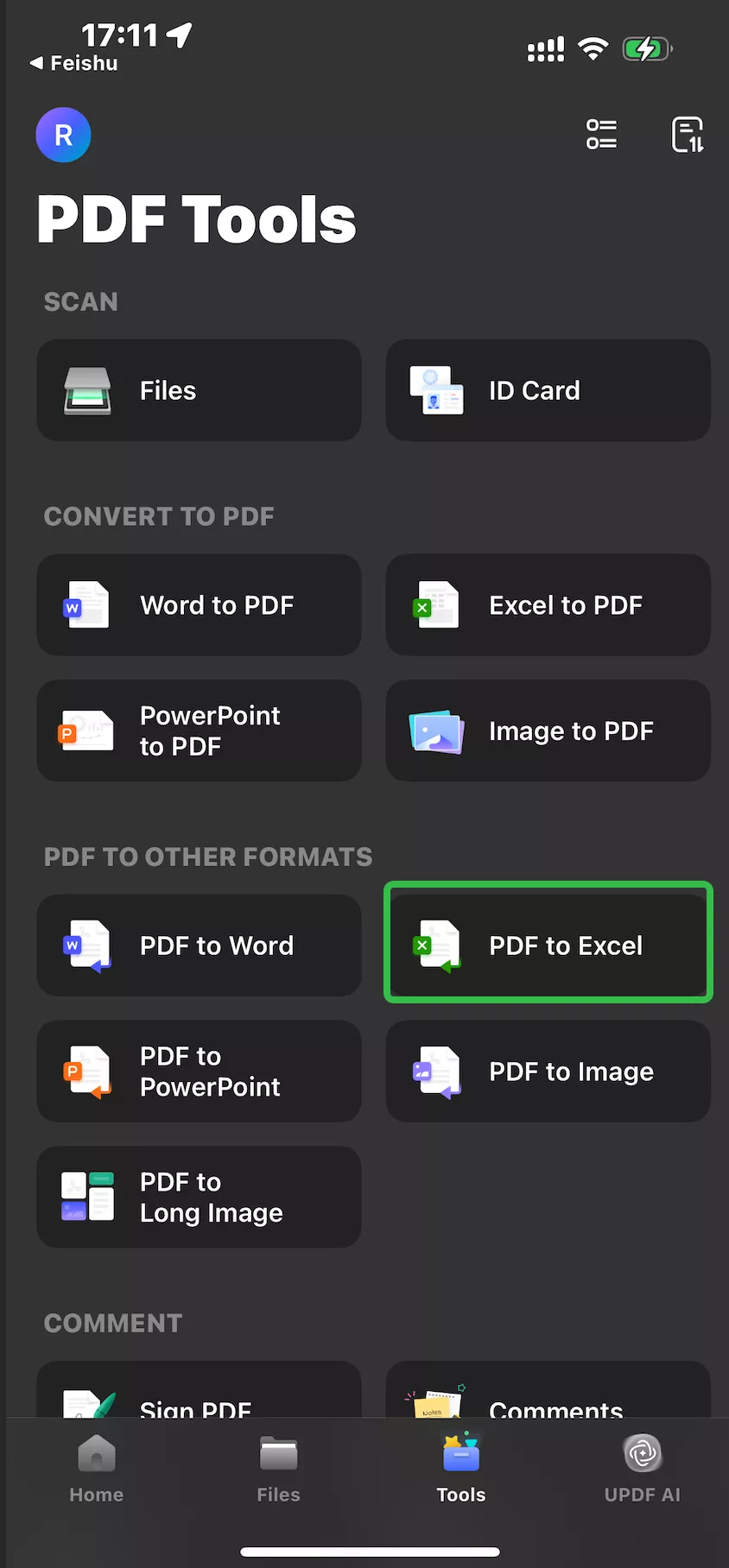 اختر PDF إلى Excel updf