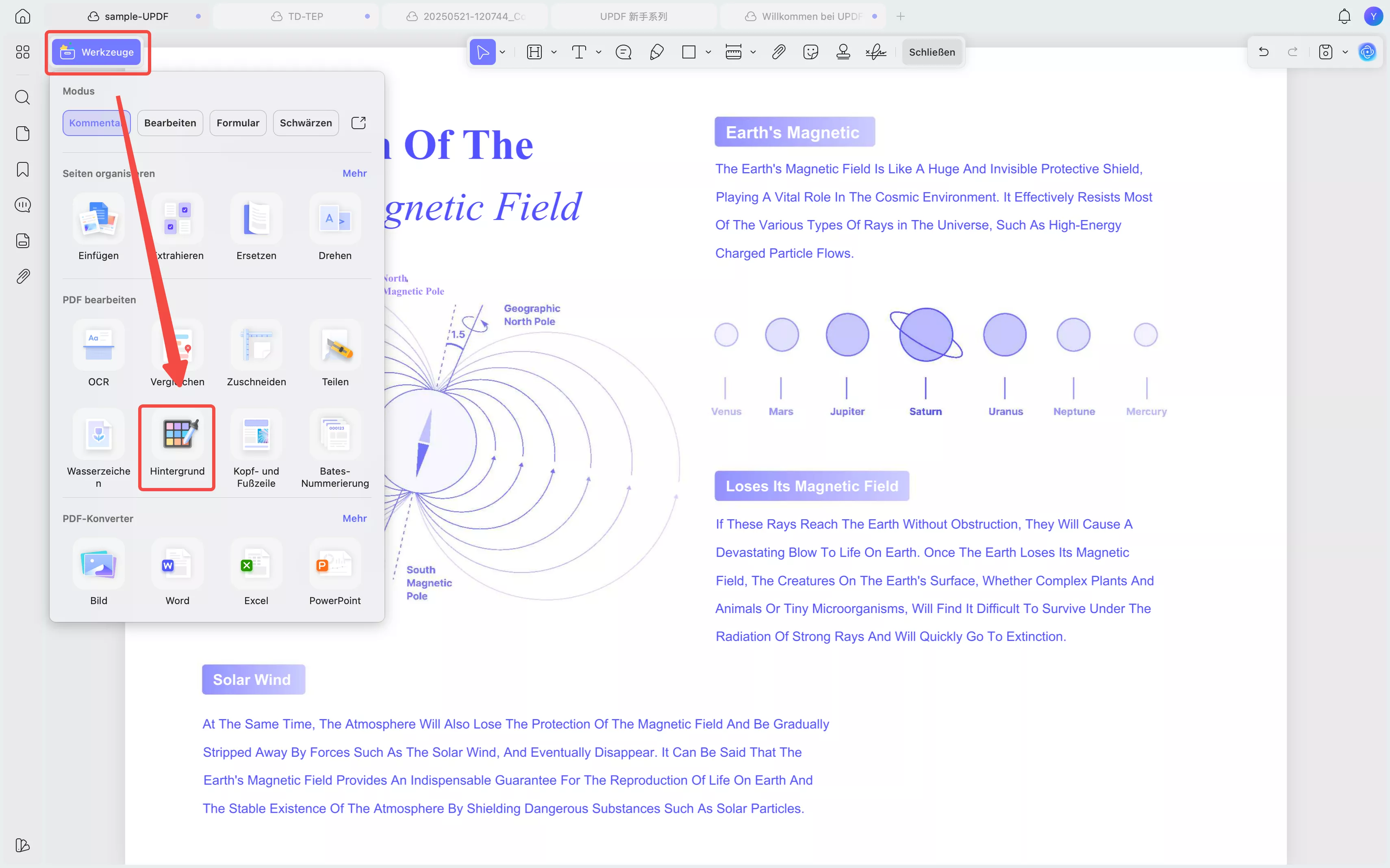 Wähle unter „Werkzeuge“ den Hintergrund aus