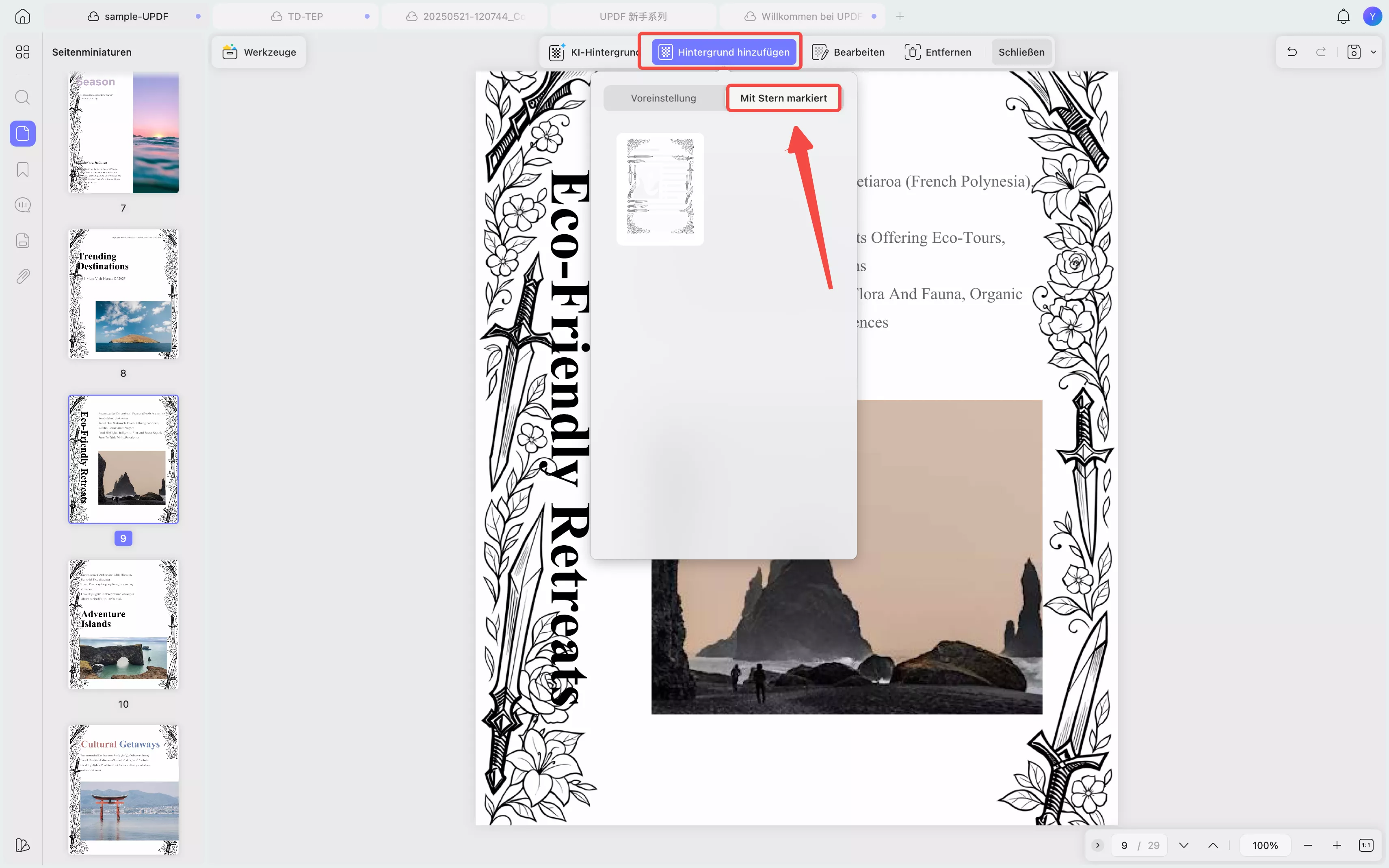 Rufen Sie das mit einem Sternchen markierte Menü unter „Hintergrund hinzufügen“ auf