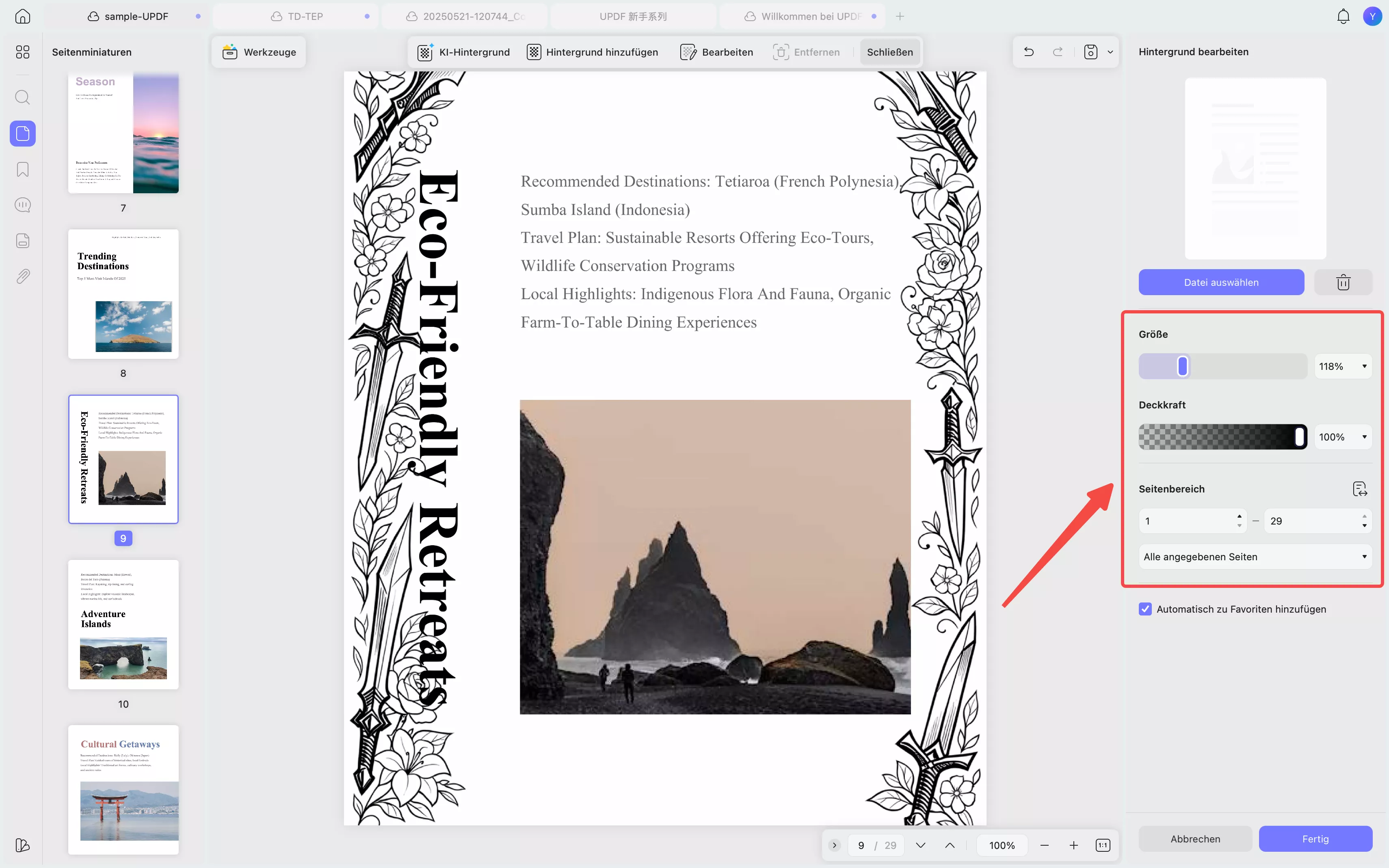 Bedienfeld für die Hintergrundbearbeitung