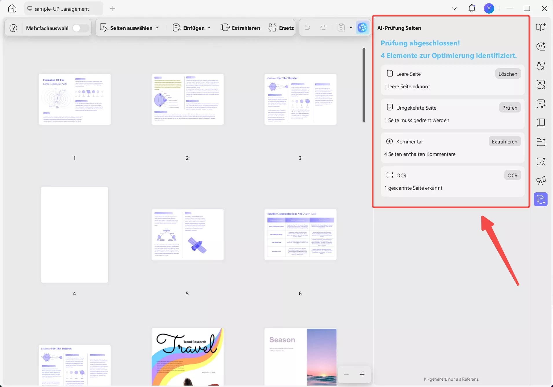 Panel „AI-Prüfung Seiten“