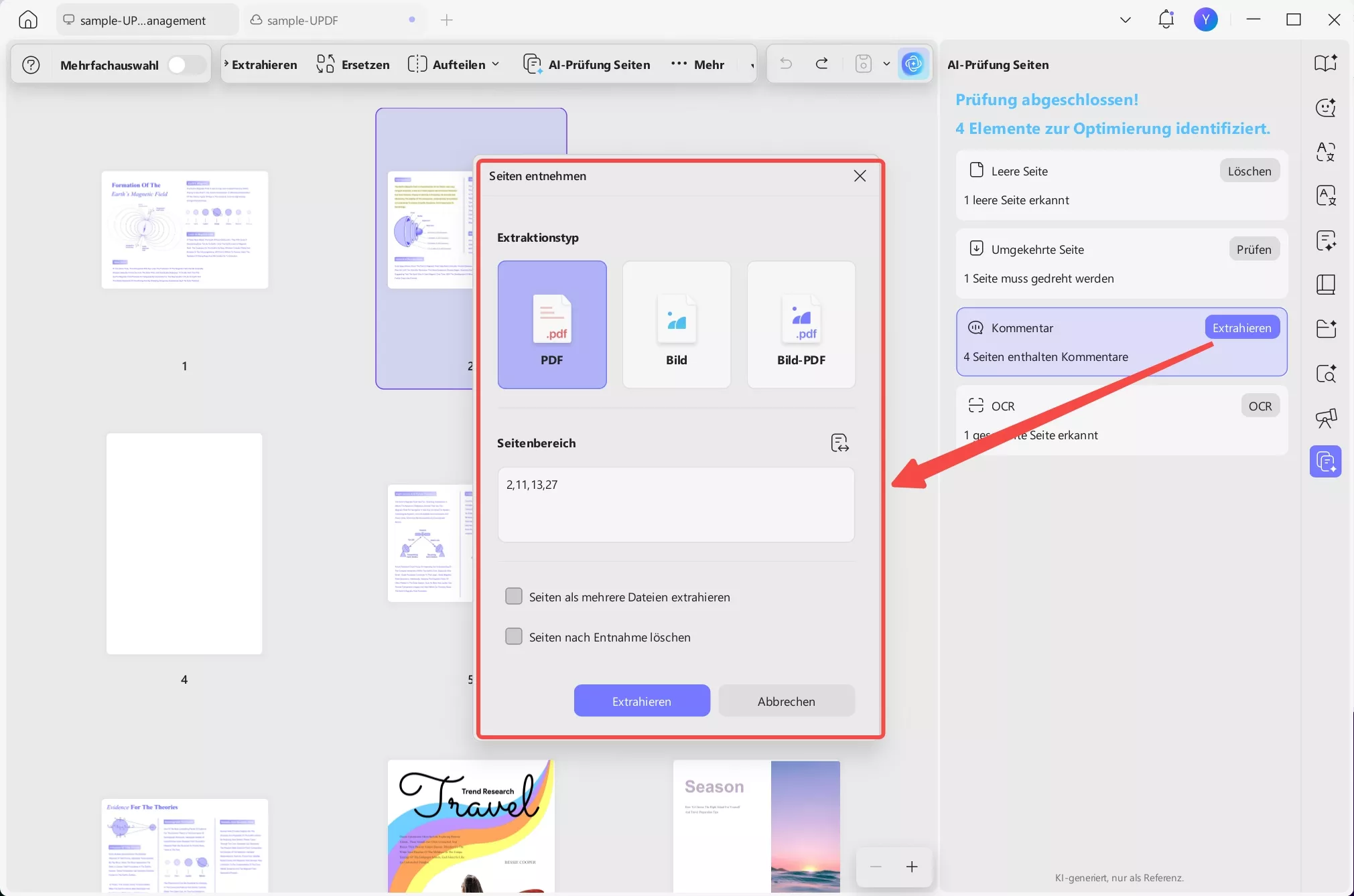 auf die Schaltfläche „Extrahieren" klicken