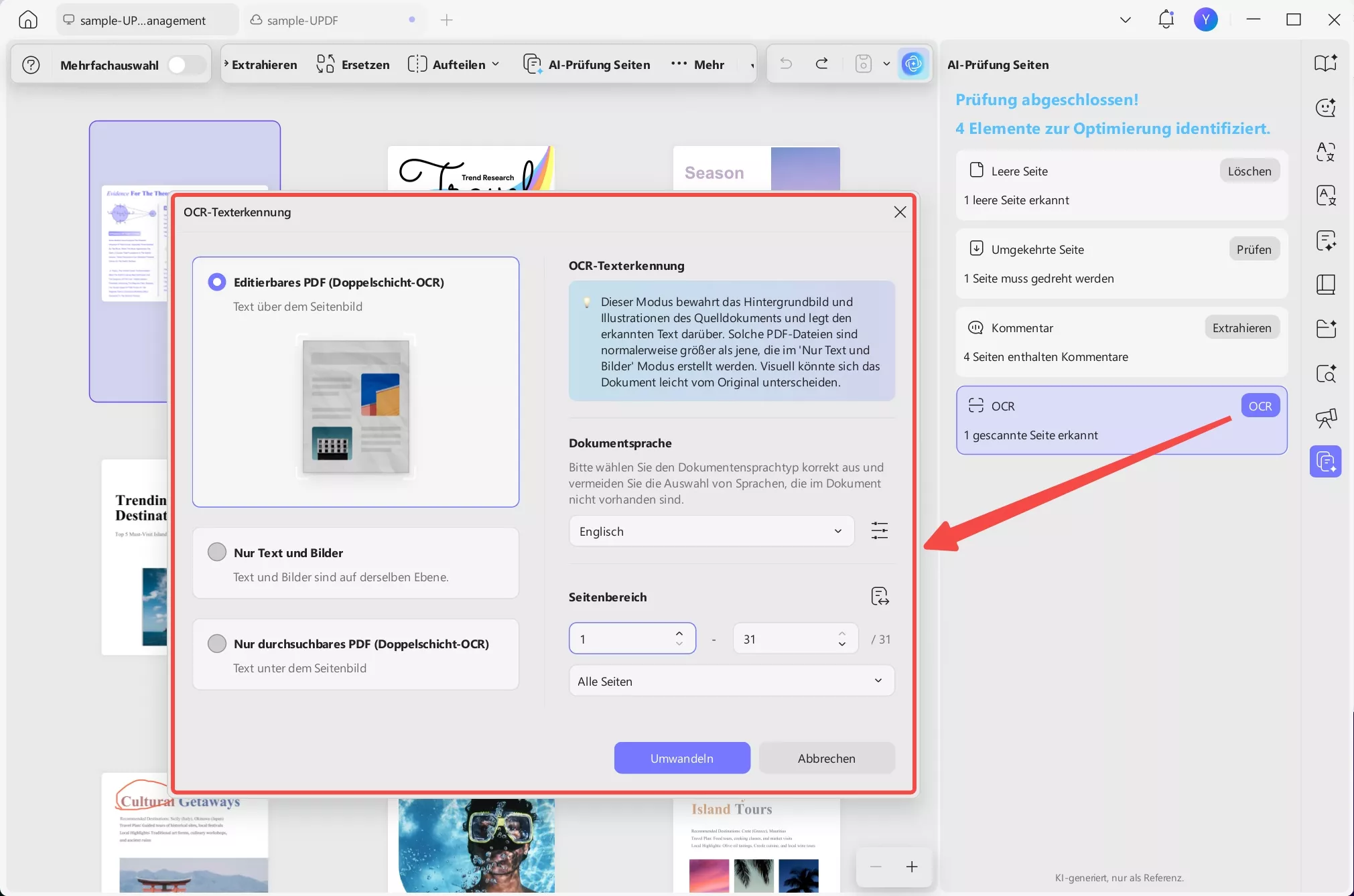 Klicken Sie auf „OCR“ und folgen Sie den Anweisungen