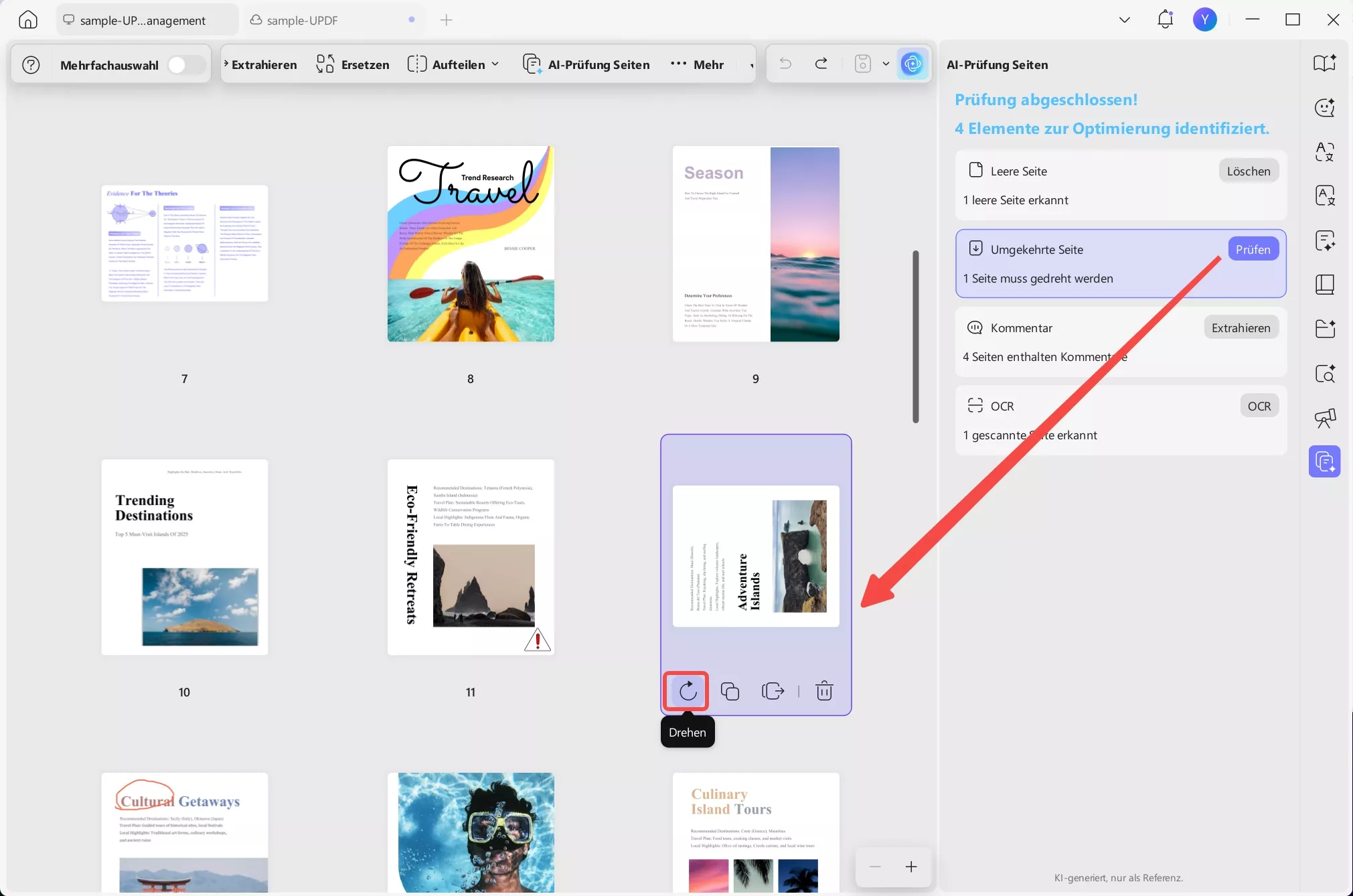 gedrehten Seiten im PDF werden mit einer Schaltfläche „Prüfen" angezeigt
