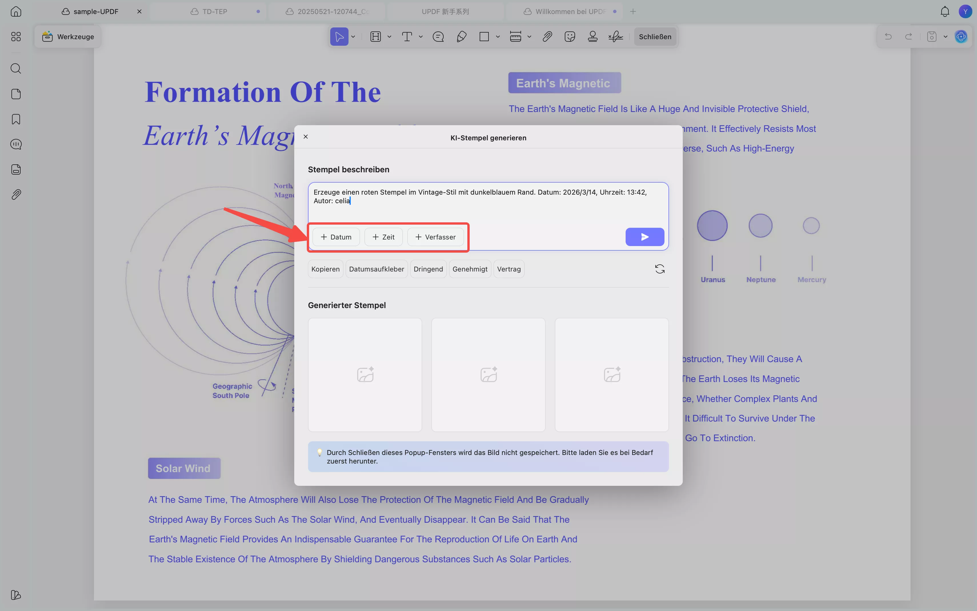 Datum, Uhrzeit oder Angaben zum Autor hinzufügen