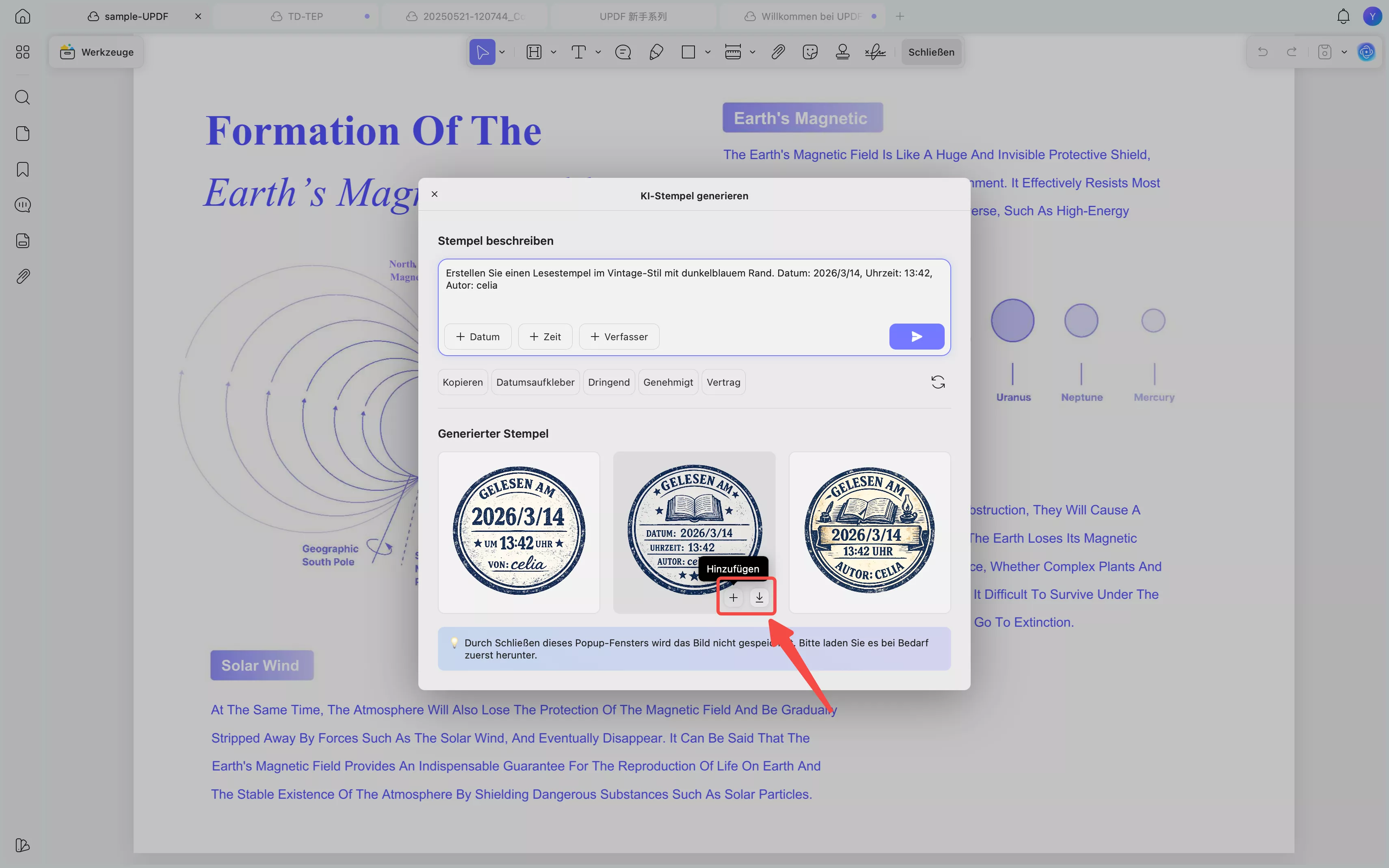 Die Stempel herunterladen oder in die PDF-Datei einfügen