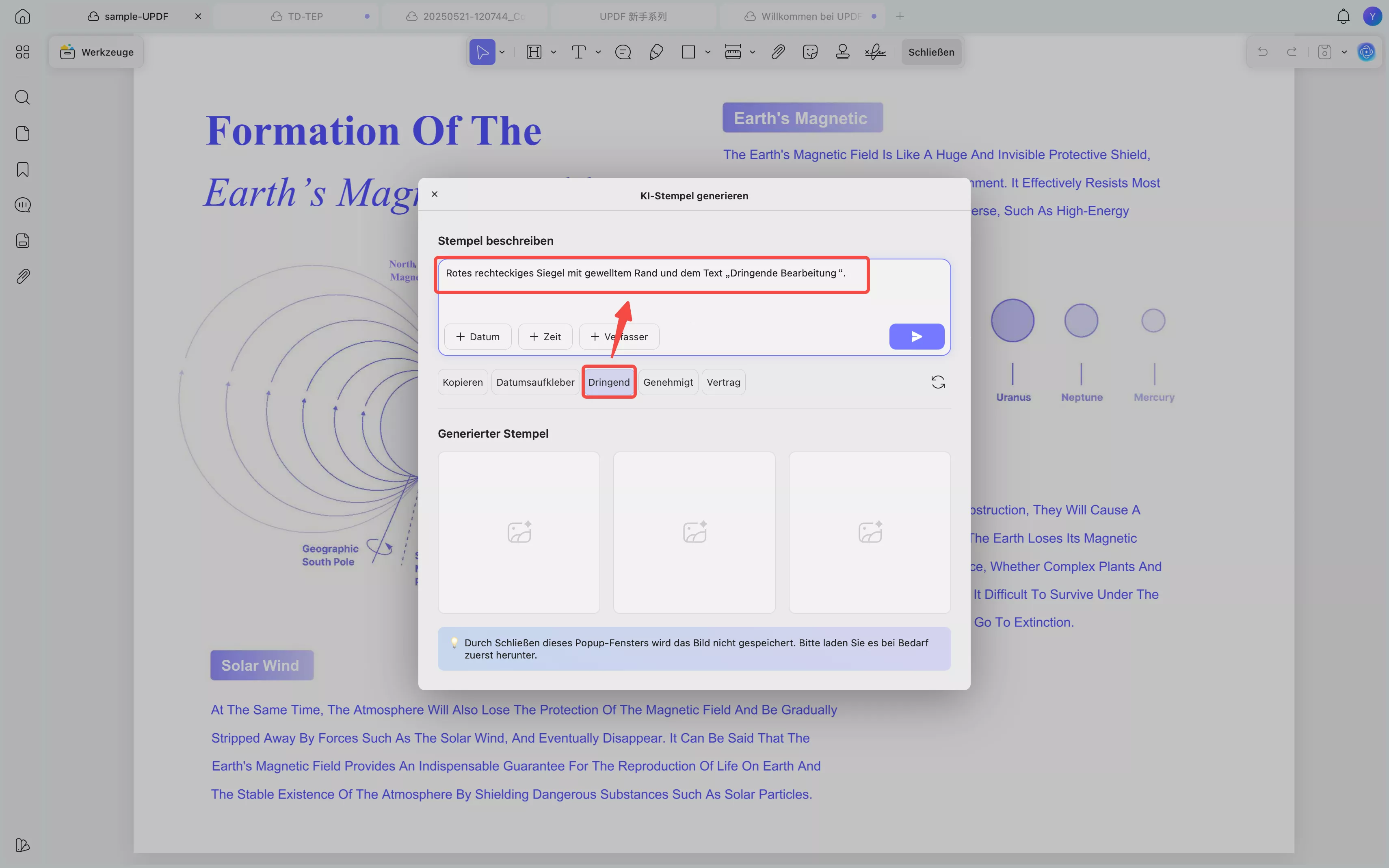 Beschreibung eines vordefinierten Stempels hinzufügen