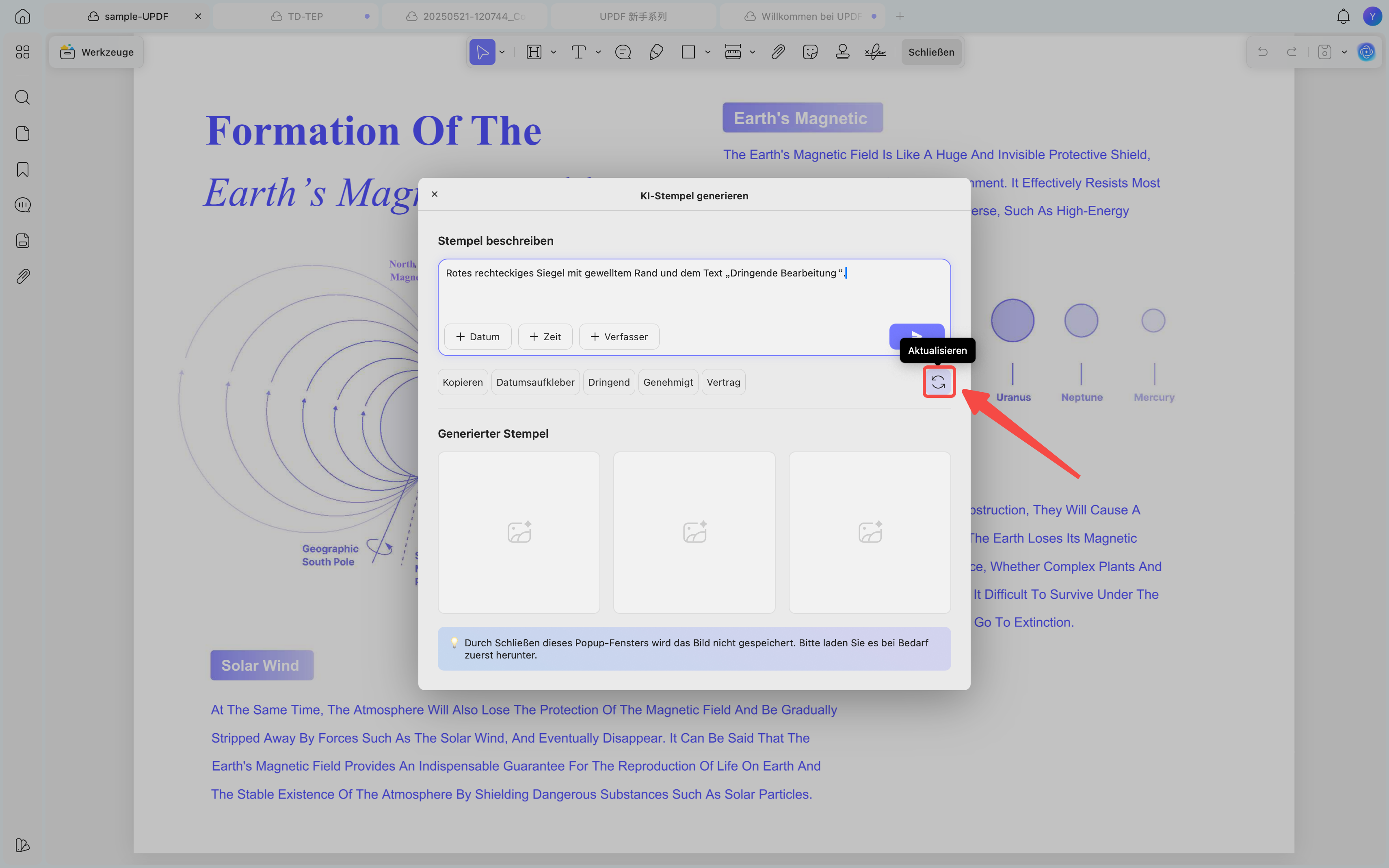 Stempelvoreinstellungen aktualisieren