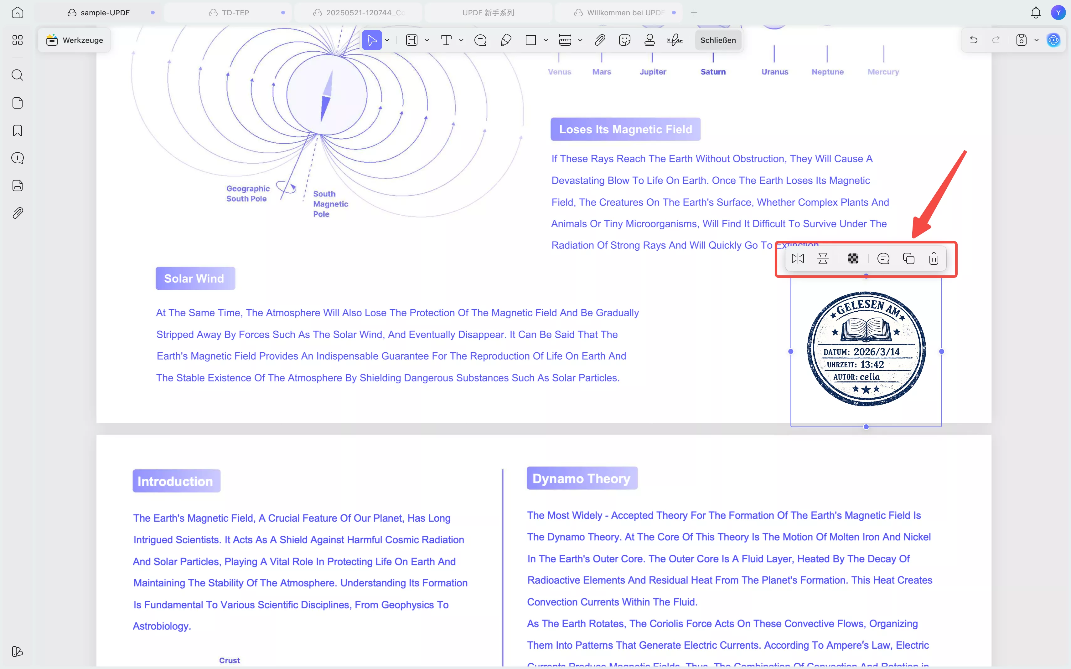 Symbolleiste zur Anpassung von Stempeln