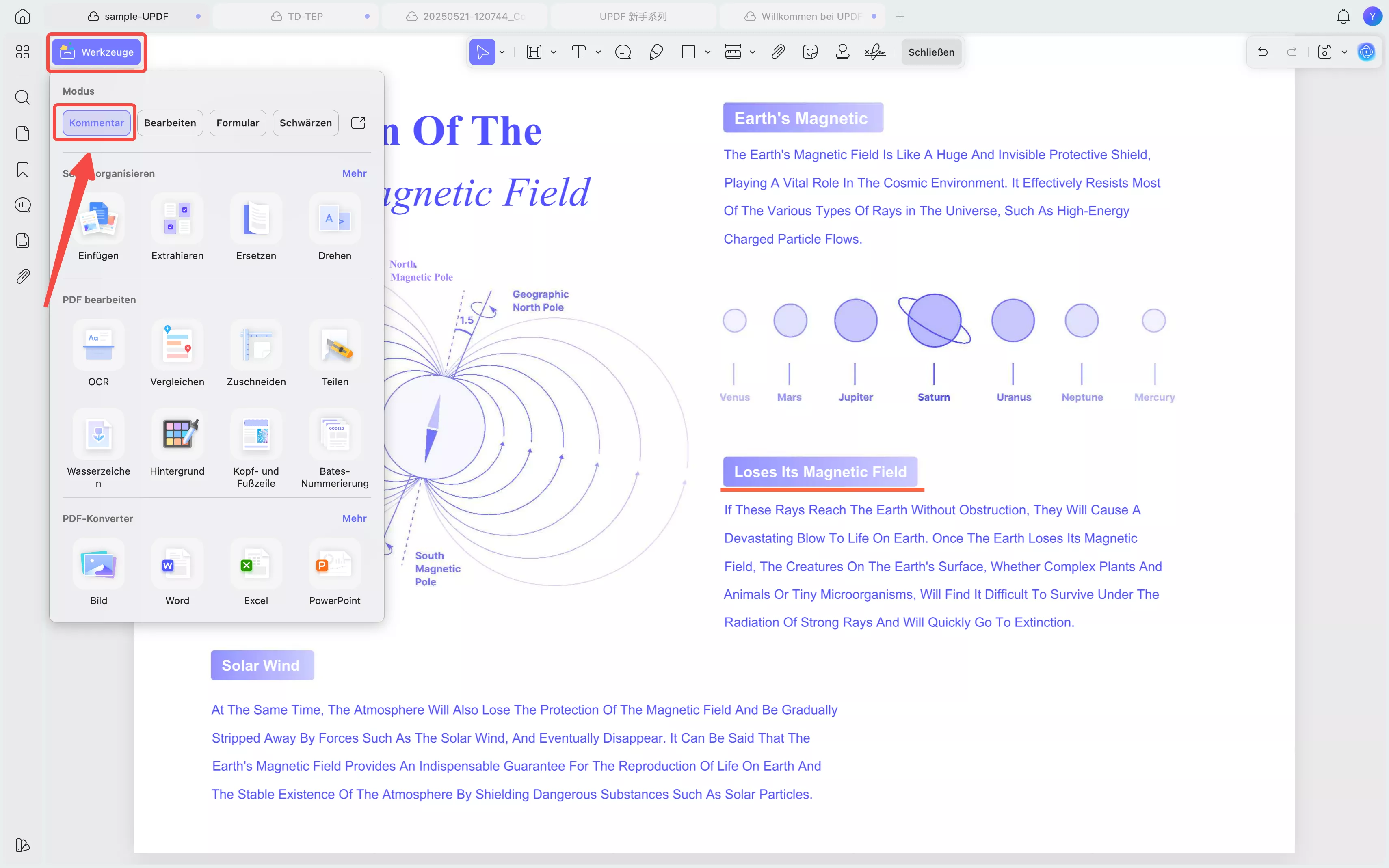 Wähle „Kommentar“ unter „WErkzeuge“