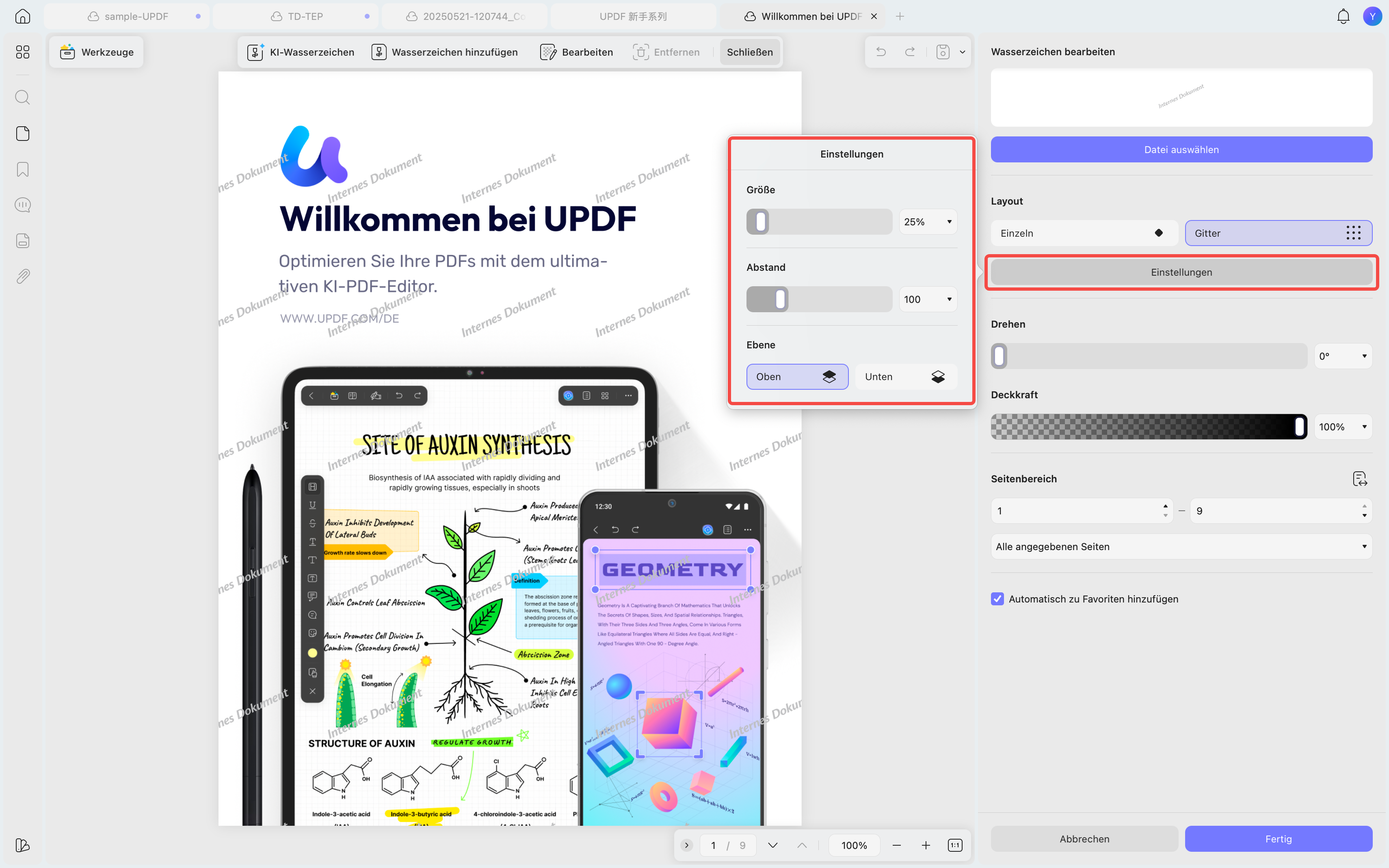 Einstellungen für das Wasserzeichen-Layout
