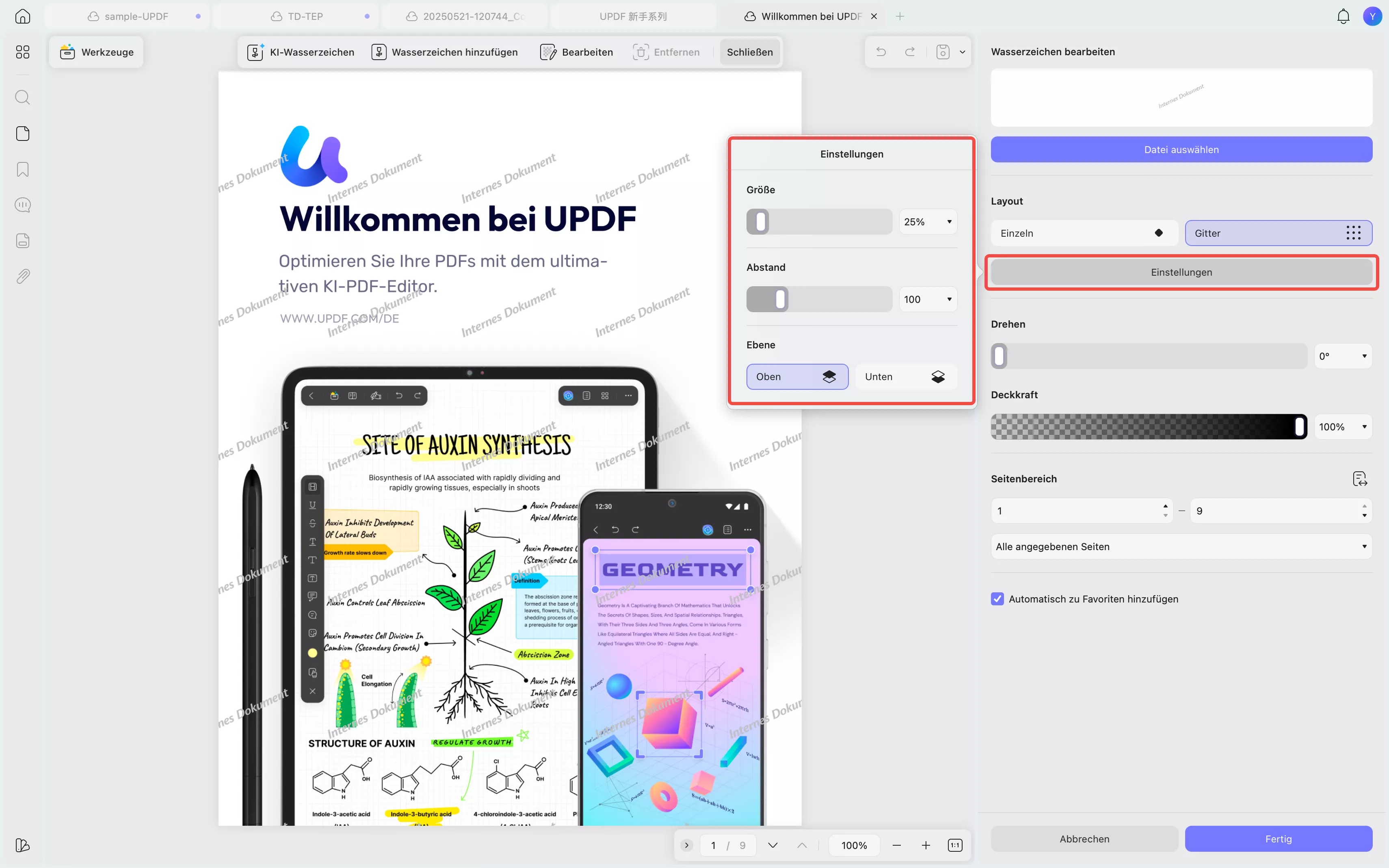 Einstellungen für das Wasserzeichen-Layout