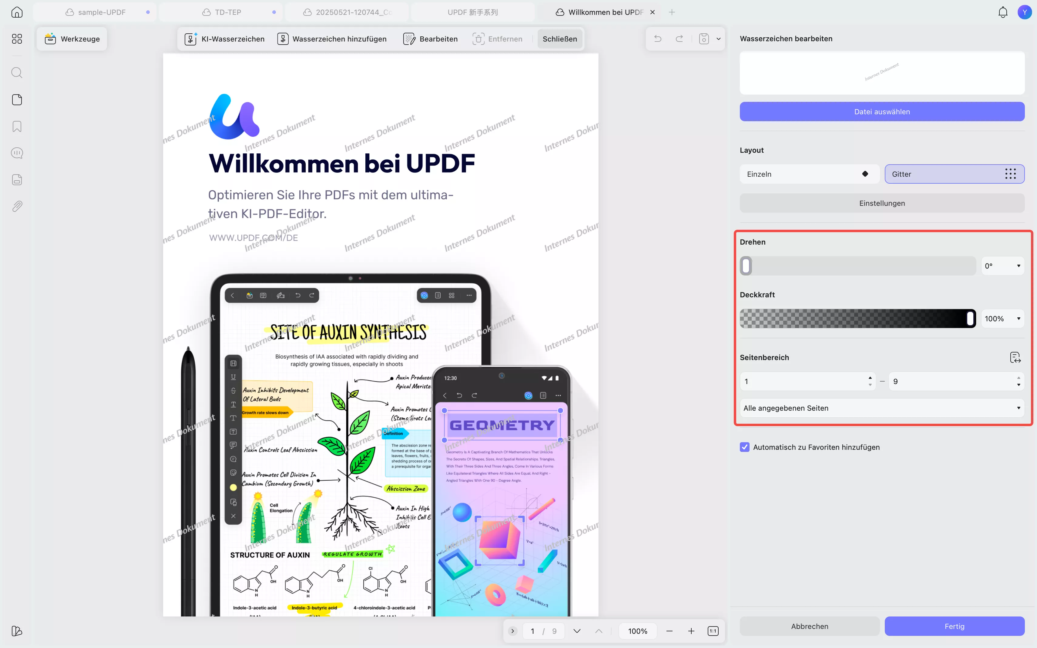 Drehung, Deckkraft und Seitenbereich anpassen