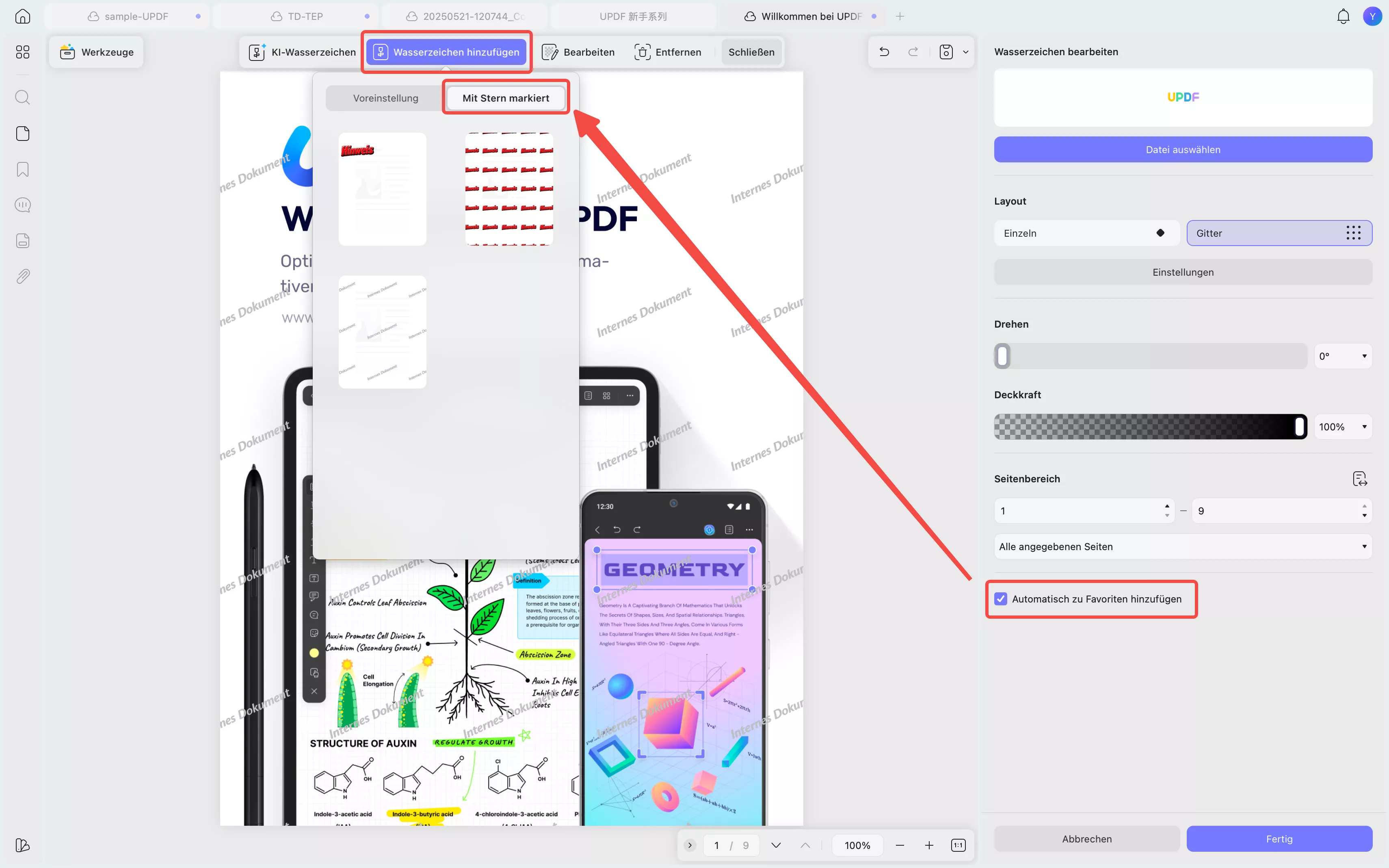 automatisches Hinzufügen eines Wasserzeichens zum Menü mit den Favoriten