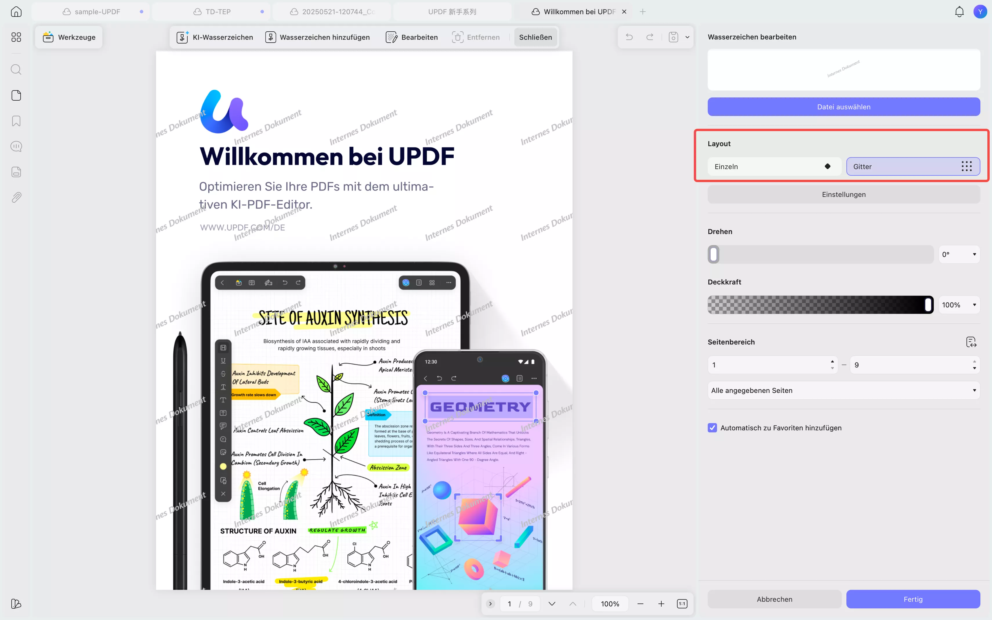 Layoutoptionen für Wasserzeichen